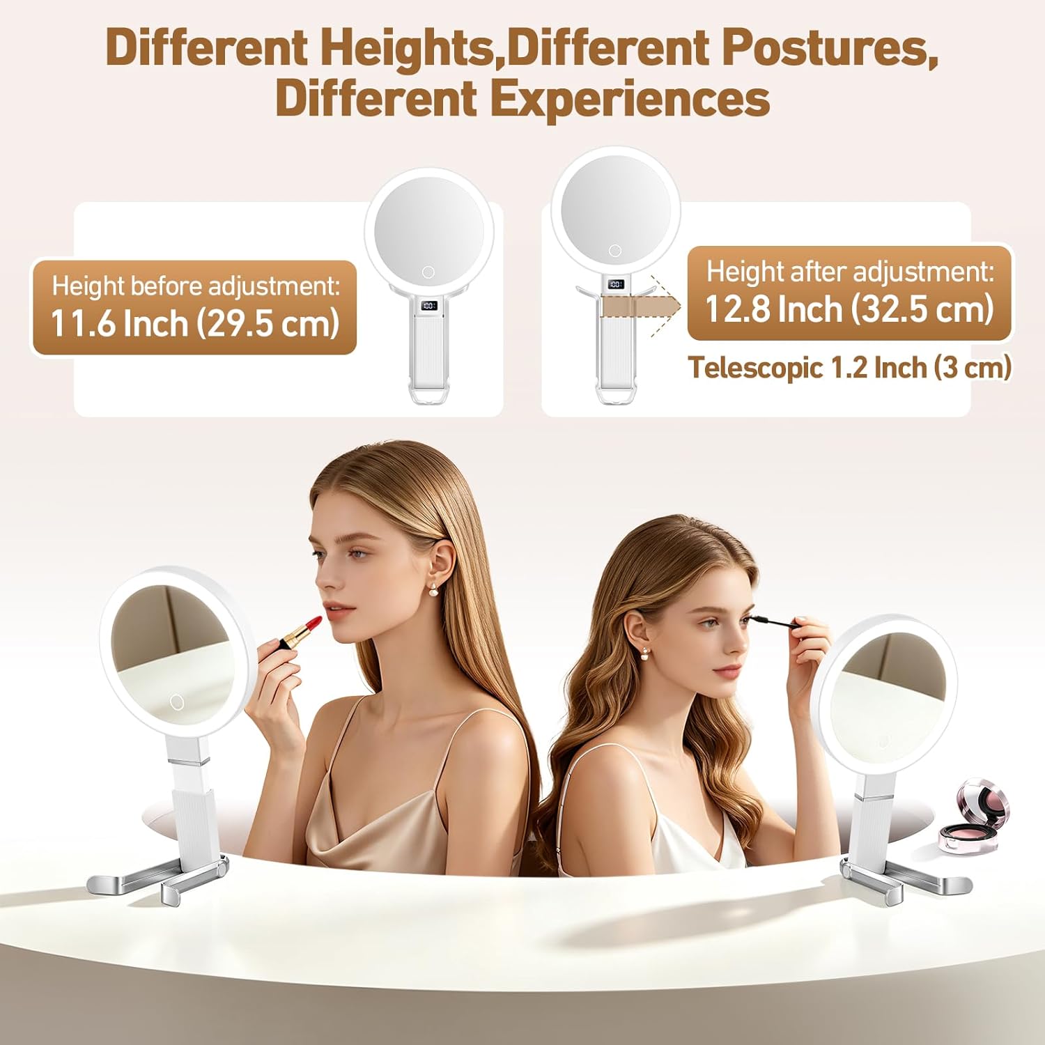 30X Travel Magnifying Mirror with Light, Height Adjustable Vanity Mirror with Phone Holder Stand, Portable Compact Handheld Makeup Mirror with Smart Display for Travel, Bedroom & Daily Makeup Use