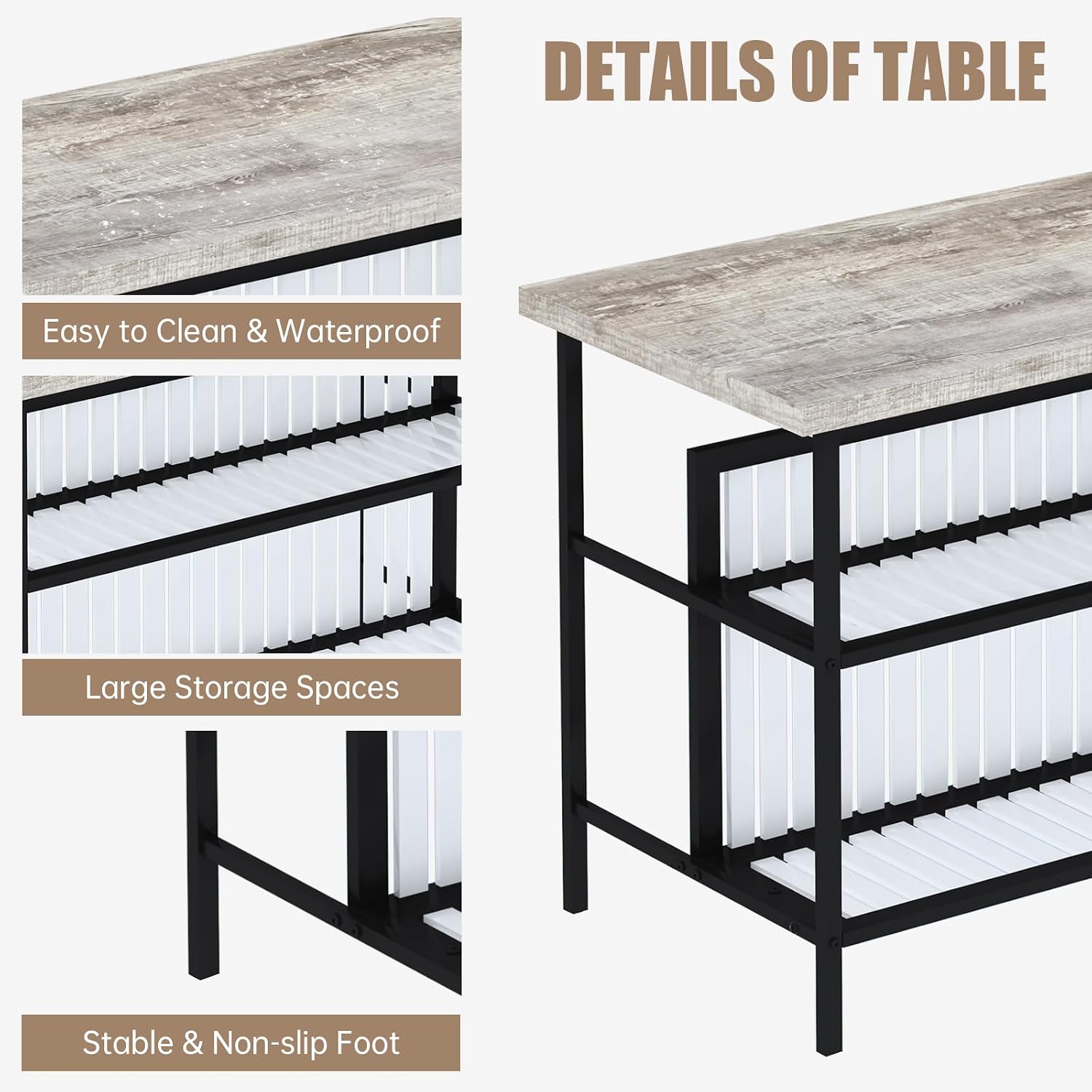 Lamerge 3 Piece Bar Table and Chairs Set, Industrial Bar Table Set with Storage Shelves,Marble Counter Height Island with 2 Bar Stools,Modern Pub Island for Kitchen,Grey