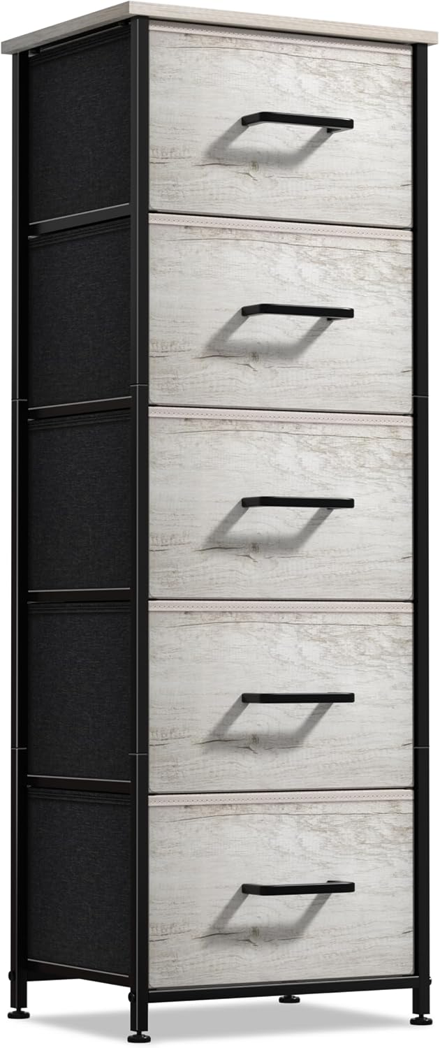 Sorbus Nightstand Dresser with 5 Faux Wood Drawers – Tall Bedside Table Chest with Storage, Steel Frame, Wood Top, Easy Pull Fabric Bins for Bedroom, Living Room, Closet & Dorm Furniture Lamp Stand