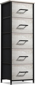 Sorbus Nightstand Dresser with 5 Faux Wood Drawers – Tall Bedside Table Chest with Storage, Steel Frame, Wood Top, Easy Pull Fabric Bins for Bedroom, Living Room, Closet & Dorm Furniture Lamp Stand