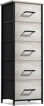 Sorbus Nightstand Dresser with 5 Faux Wood Drawers – Tall Bedside Table Chest with Storage, Steel Frame, Wood Top, Easy Pull Fabric Bins for Bedroom, Living Room, Closet & Dorm Furniture Lamp Stand