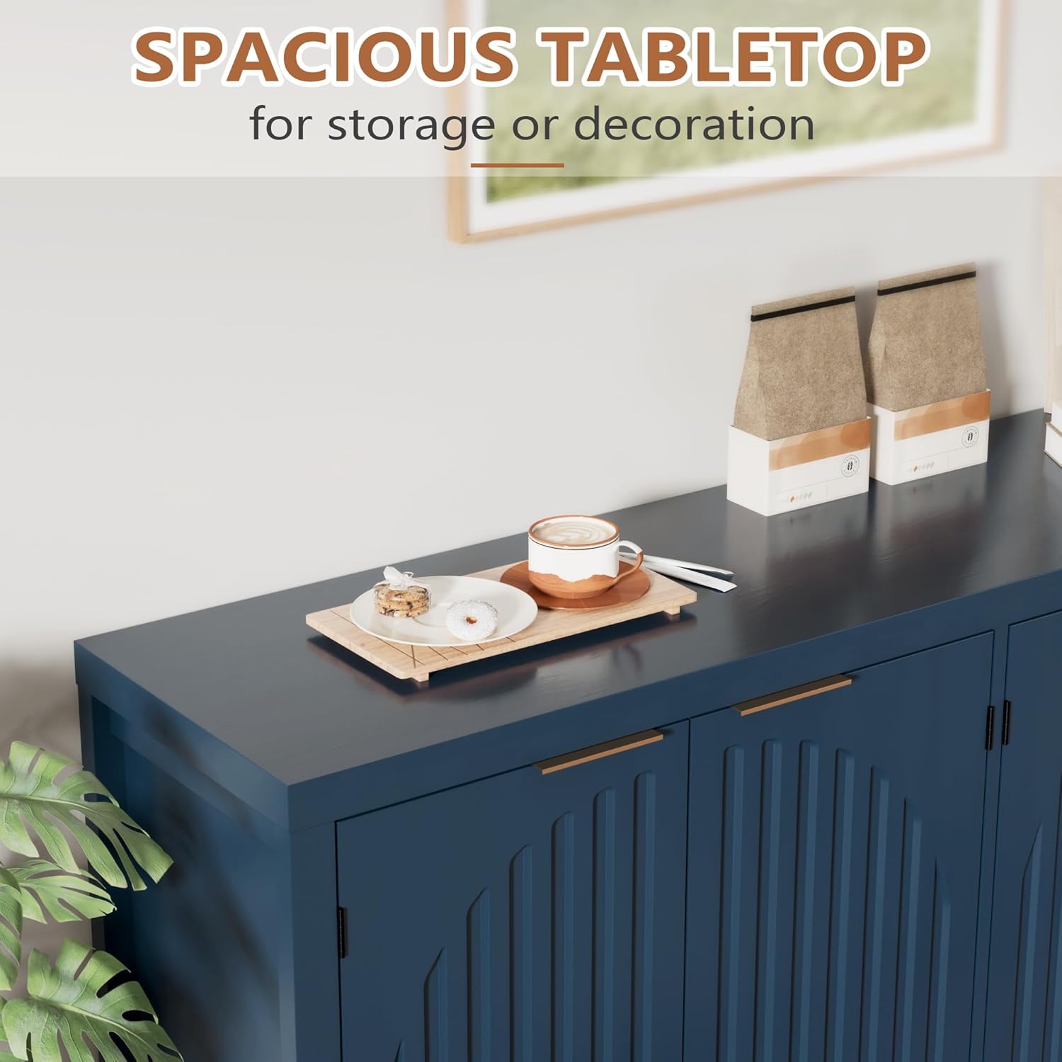 Fluted Sideboard Buffet Cabinet with Storage, 58" Mid Century Modern Accent Cabinet with Arch Doors, Large Wood Media TV Console Table Credenza for Dining Room, Kitchen, Living Room Entryway, Blue