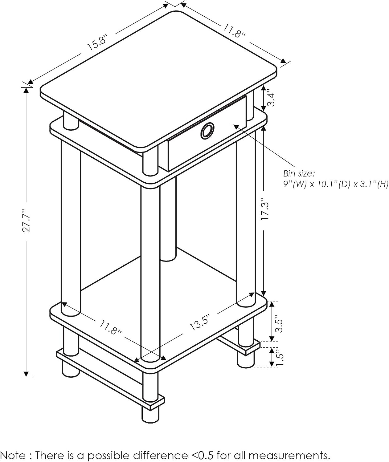 3-Tier Tall Narrow Modern End Table, Night Stand with Storage Bin, Open Shelf Bedside Table, Toolless Assembly Side Table, for Bedroom, Living Room, Columbia Walnut