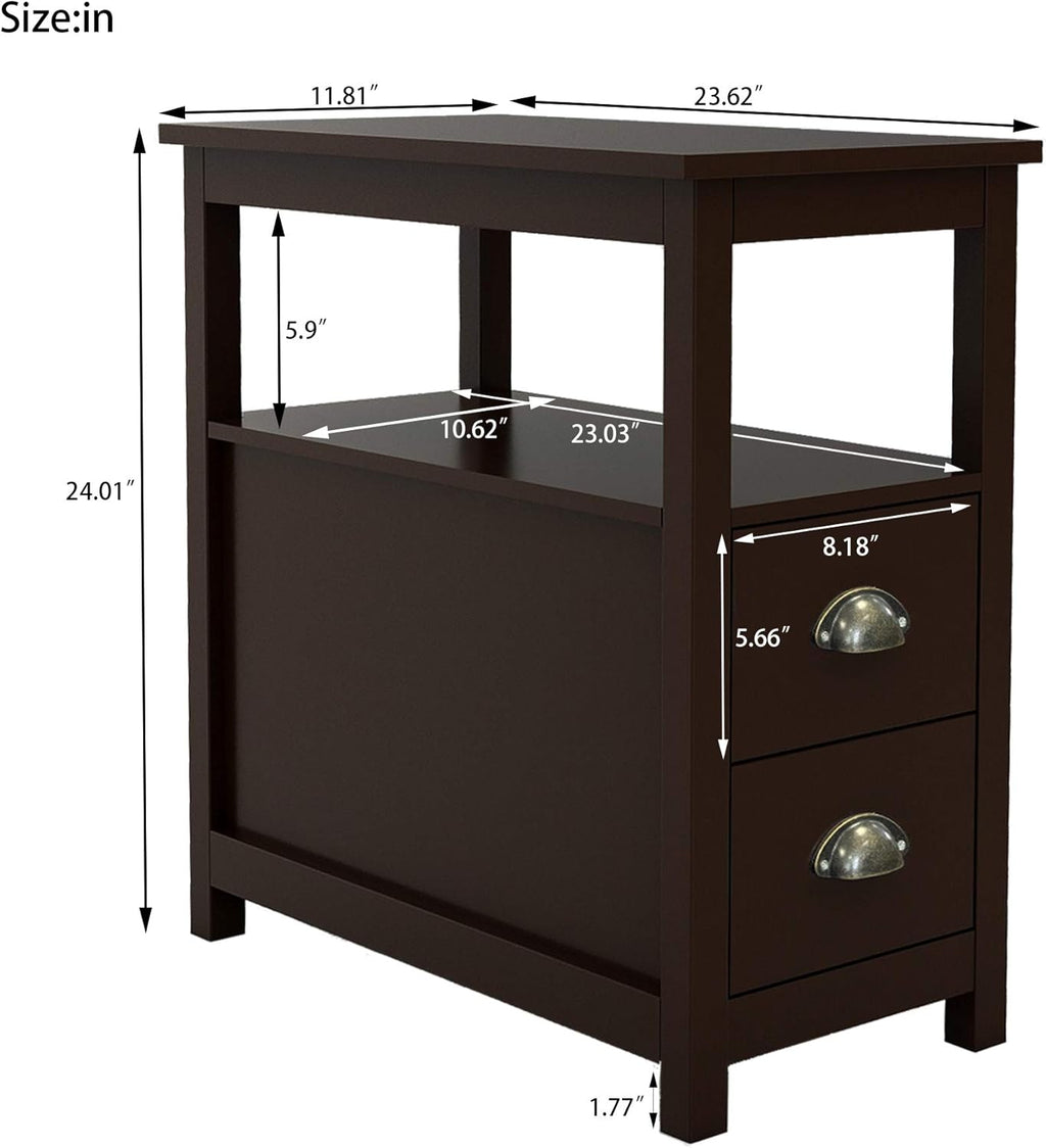 23.6" x 11.8" x 24.0" MDF End Table with Two Drawers and Open Shelf Brown