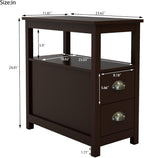 Espresso Narrow Side Table with 2 Drawers & Open Storage Shelf, Wooden Slim End Table with Metal Pull Handles, Sofa Side Cabinet for Living Room, Bedroom & Small Spaces
