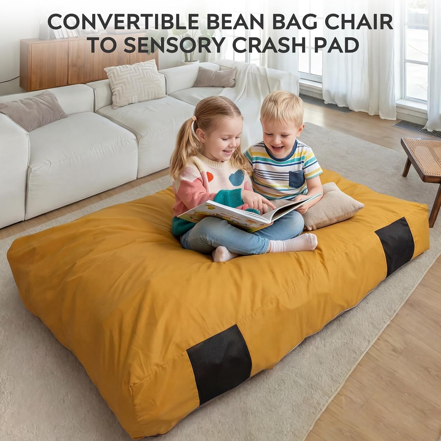 Bean Bag Chair and Sensory Crash Pad for Kids, Convertible Beanbag Folds from Lazy Chair to Floor Sensory Crash Pad, Children Lazy Sofa Chairs with Memory Foam Filling, Machine Washable, Yellow
