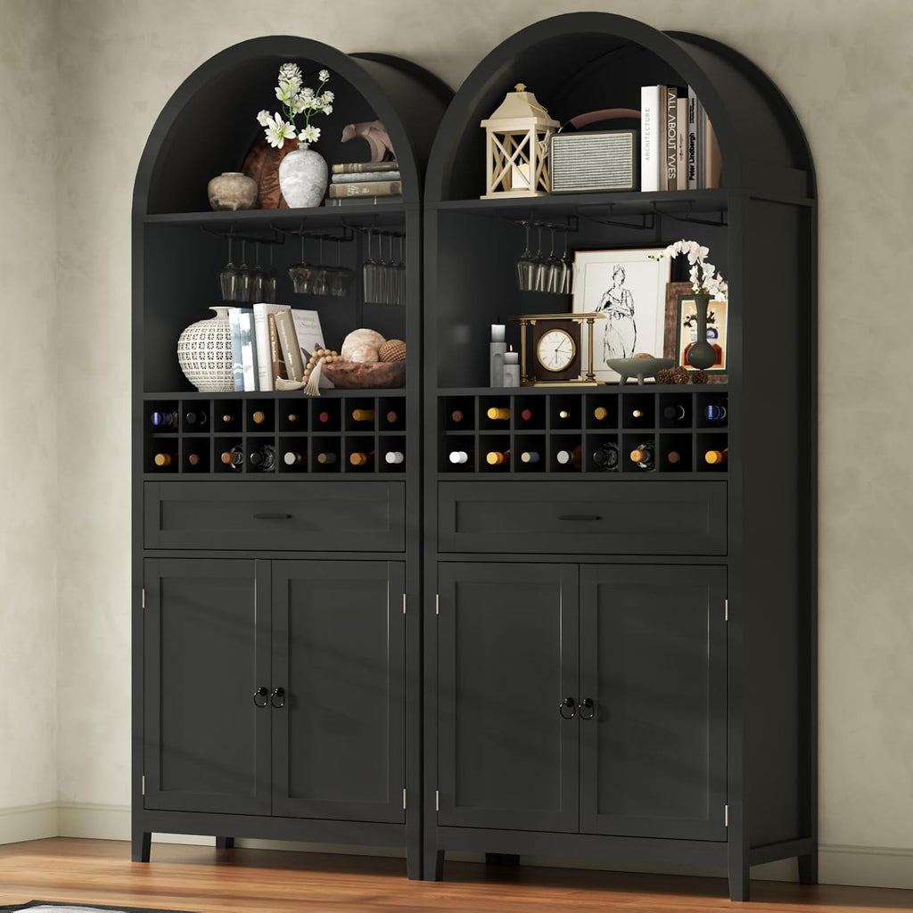 Loomie 75.7" Tall Arched Wine Cabinet, Modern Bar Cabinets with Glass Holders & Wine Rack, Liquor Cabinet for Home, Kitchen Pantry W/Drawer & Shelves, Versatile Cupboard for Dining Room (Black)