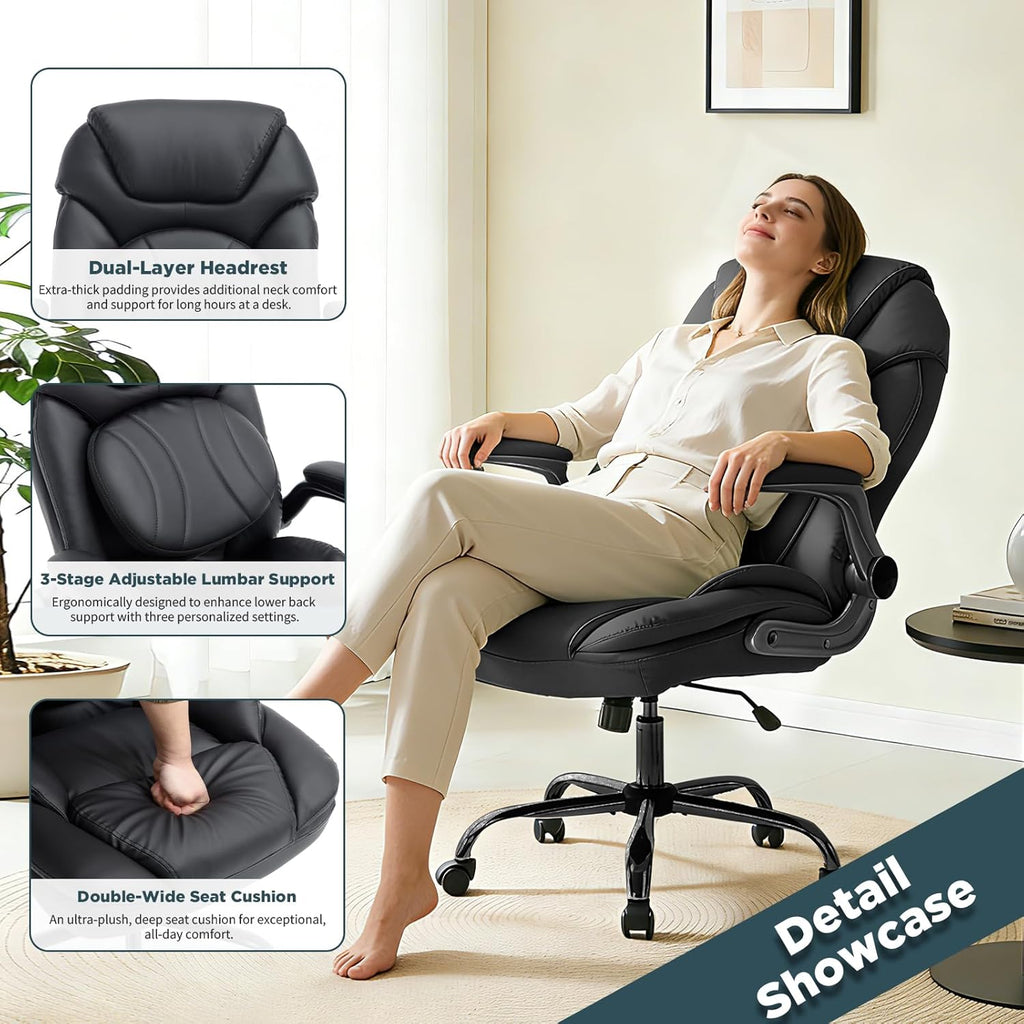 Ergonomic Executive Office Chair with Flip up Arms, Wide Seat Big and Tall Office Desk Chairs with Back Lumbar Support for Back Pain, Black Leather