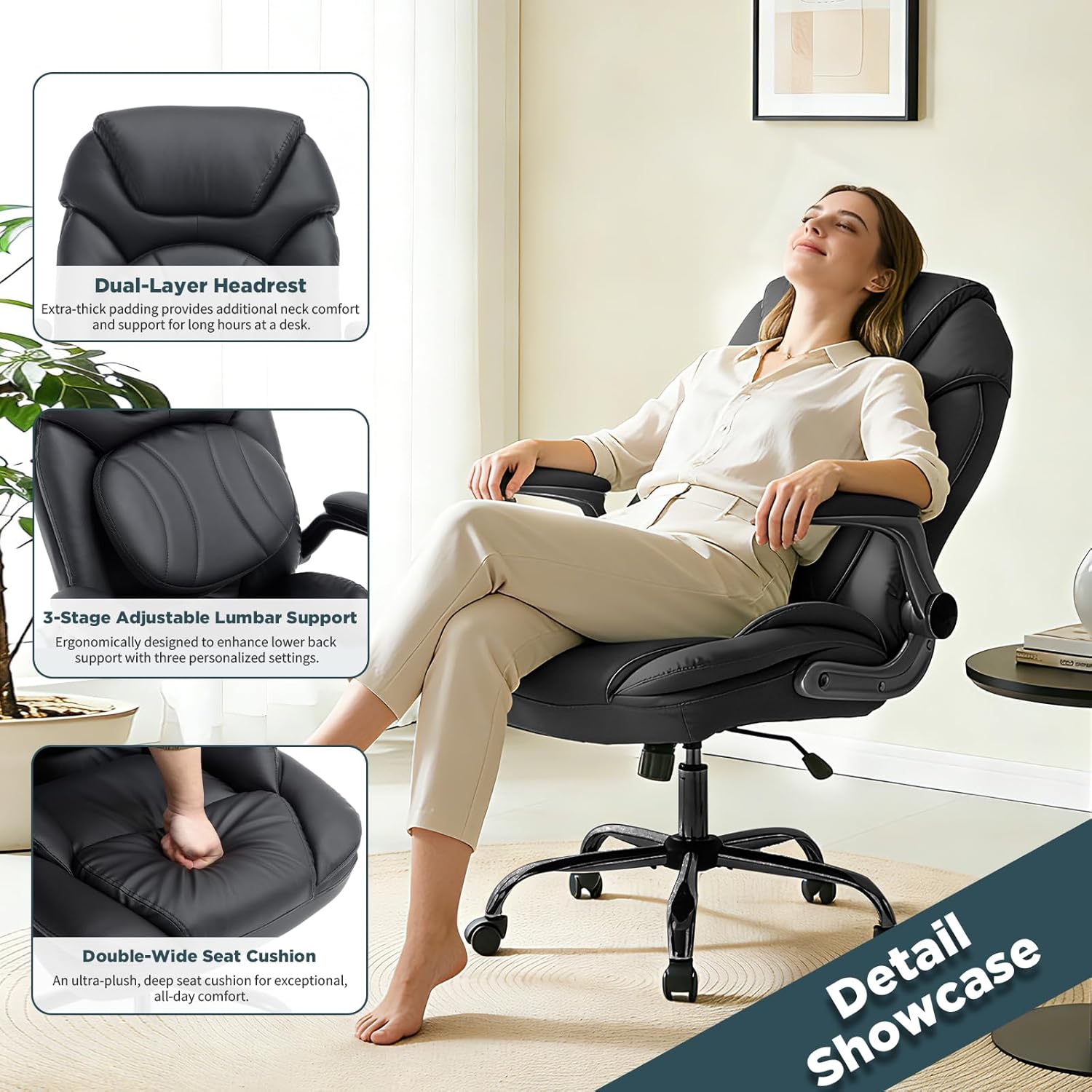 Ergonomic Executive Office Chair with Flip up Arms, Wide Seat Big and Tall Office Desk Chairs with Back Lumbar Support for Back Pain, Black Leather