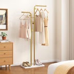 HOMEFORT Coat Rack, Freestanding Metal Coat Racks, Double-pole Clothes Hat Stand with 5 Hooks for Closet, Bedroom, Entryway, Living Room, Gold