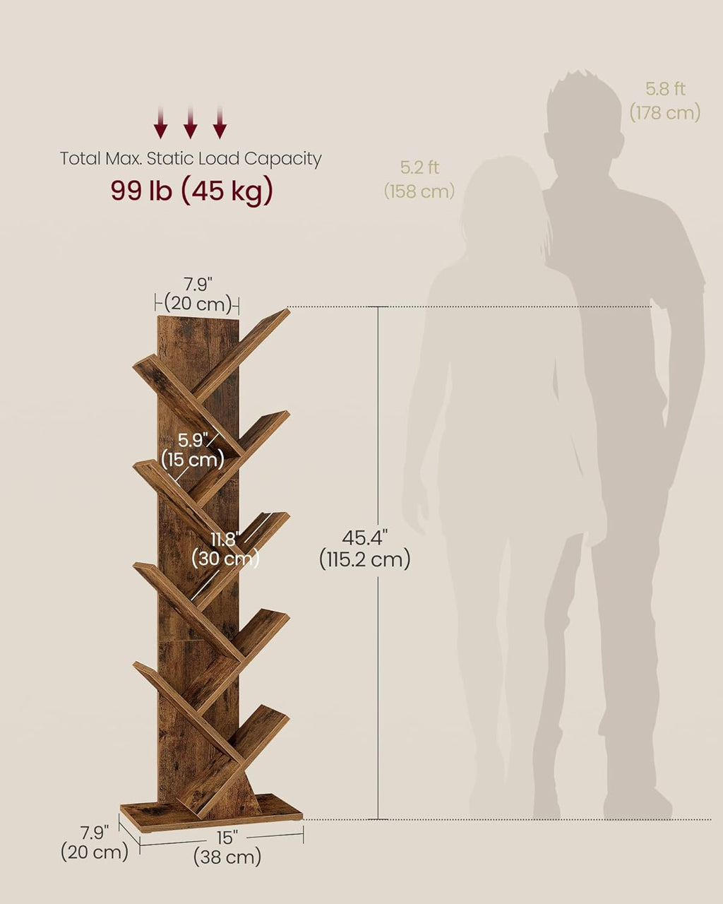 VASAGLE Custos Collection - Tree Bookshelf, Modern Bookcase, Floor Standing Book Shelf, for Bedroom, Living Room, Home Office, 7.9 x 15 x 45.4 Inches, Rustic Brown ULBC609K01