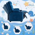 Velvet Larger Kids Reclining Chair Fabric Recliner Sofa Push Back Children Ages 3-12 with Dual Cup Holders and 4 Pockets