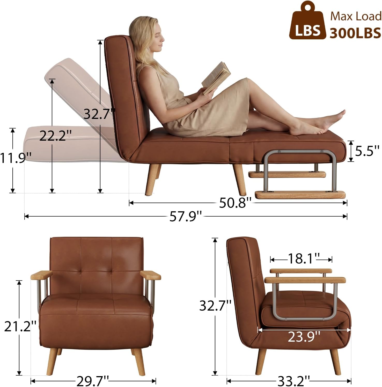 SUIYIMU Folding Chair Bed, 3-in-1 Convertible Sleeper Chair Bed (Natural Wood-Faux Leather)