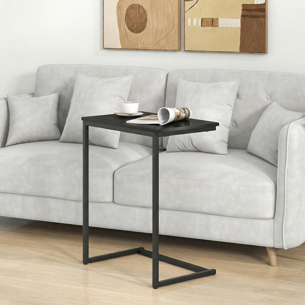Giantex C Shaped End Table, 26.5" Slide-Under Couch Table for Laptop Coffee Snack, Industrial Side Table with Metal Frame & Wood Top, Versatile Sofa Table for Living Room, Bedroom, Black