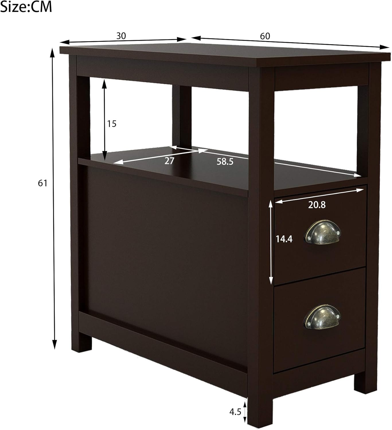 Espresso Narrow Side Table with 2 Drawers & Open Storage Shelf, Wooden Slim End Table with Metal Pull Handles, Sofa Side Cabinet for Living Room, Bedroom & Small Spaces