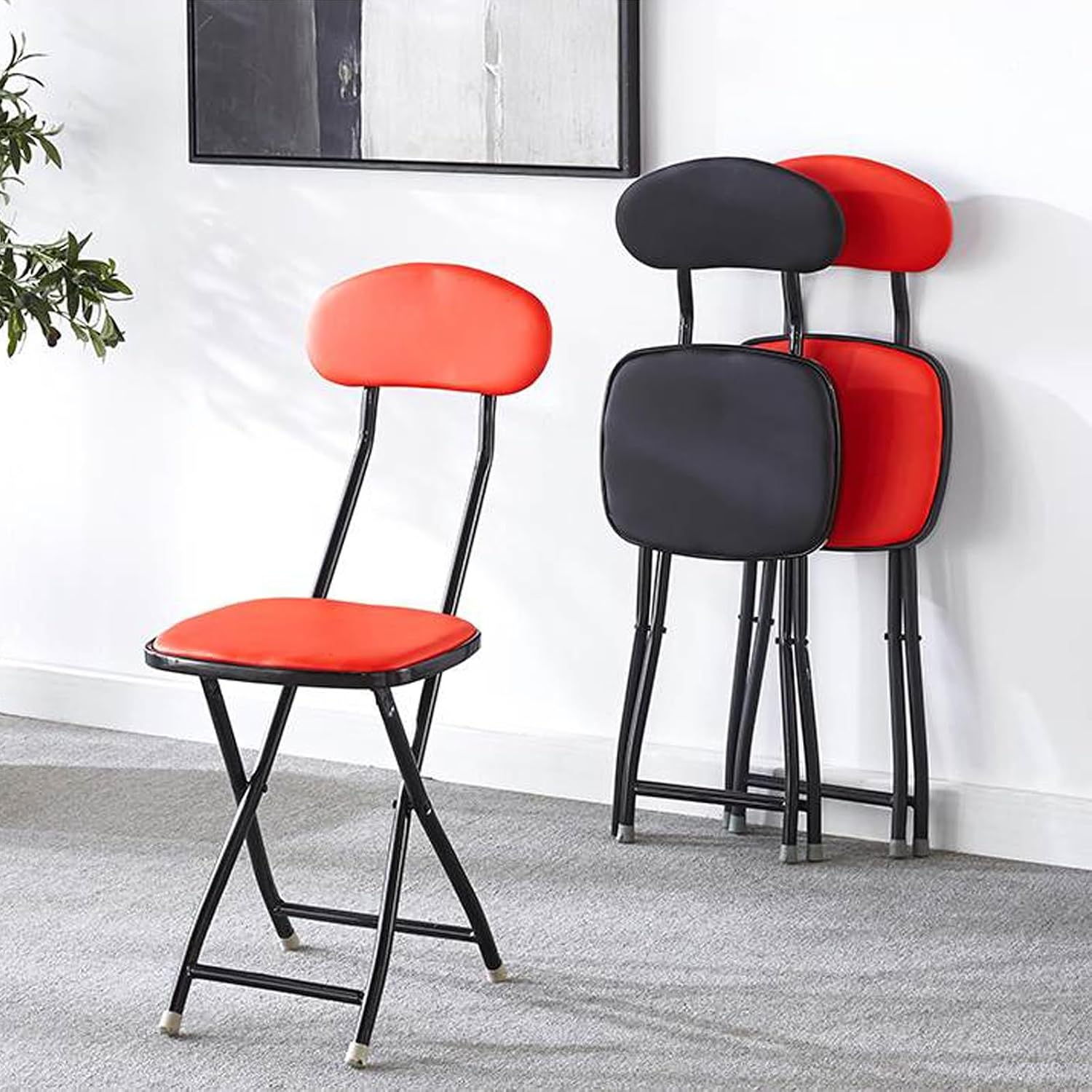 1 Piece Folding Chairs Stools- Multipurpose Stacking Metal Chair- Foldable Design for Small Spaces,Hollow High Back Support(Red)