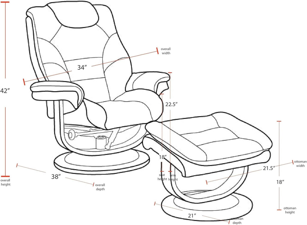 Pemberly Row Stressless Recliner with Ottoman in Brown Leather, Manual Swivel Recliner Chair for Living Room Comfort