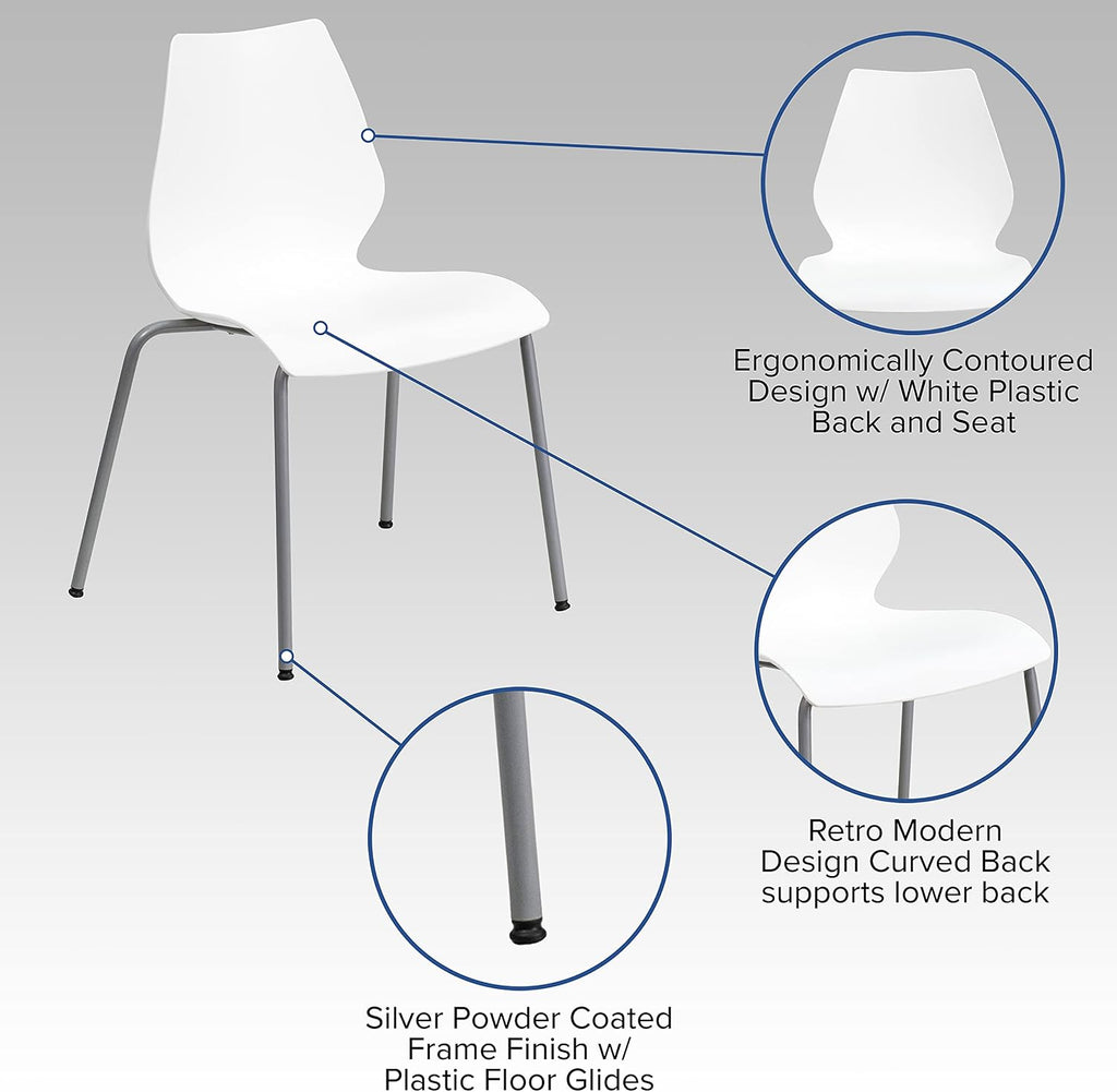 Flash Furniture Hercules Series Modern Plastic Stacking Event/Waiting Room Chairs, Ergonomic Lobby Chairs with Contoured Seats, Set of 5, White/Silver