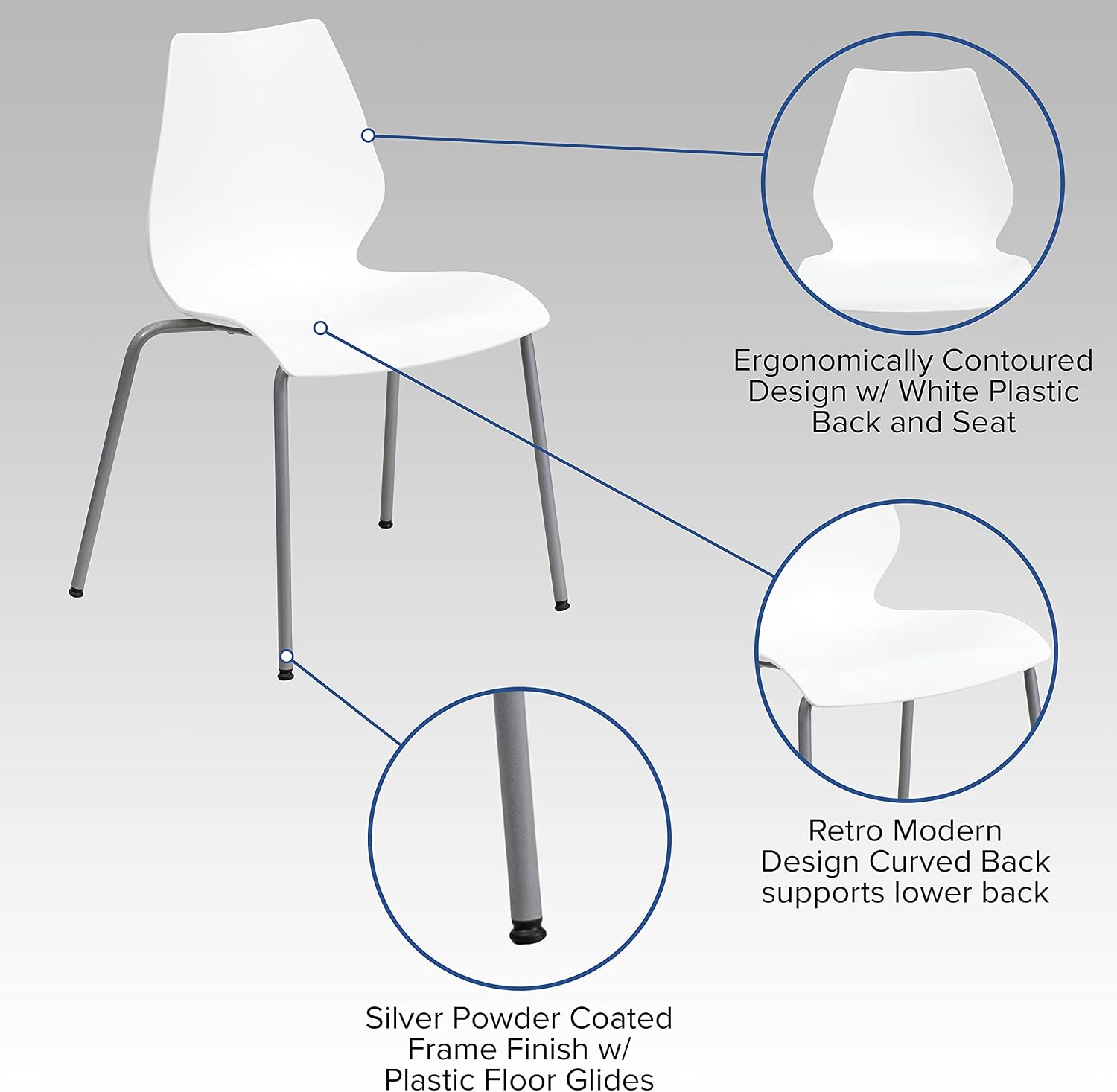 Flash Furniture Hercules Series Modern Plastic Stacking Event/Waiting Room Chairs, Ergonomic Lobby Chairs with Contoured Seats, Set of 5, White/Silver