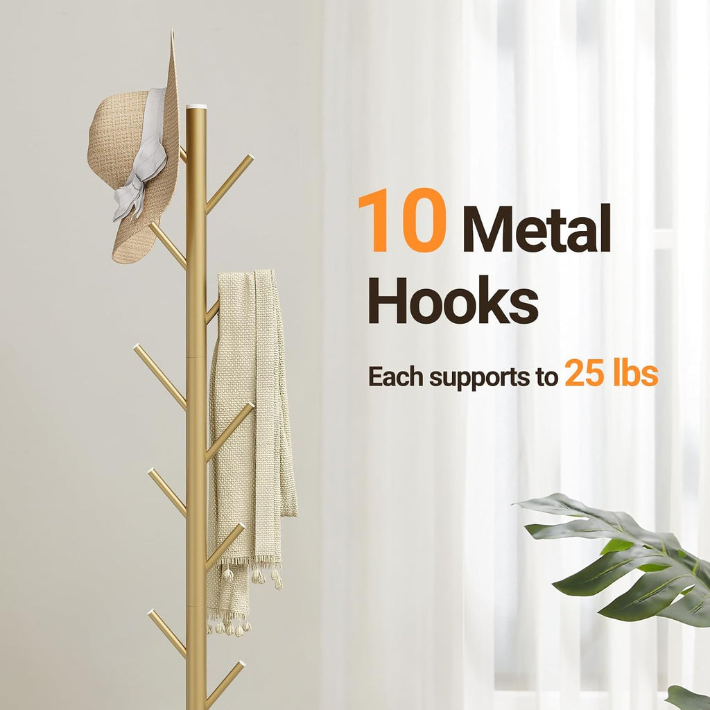 ELYKEN Coat Rack Freestanding with Natural Marble Base, Metal Coat Rack Stand with 10 Hooks, 3 Adjustable Size Coat Tree for Bags, Clothes, and Hats for Entryway, Bedroom, Hallway, Office, Gold