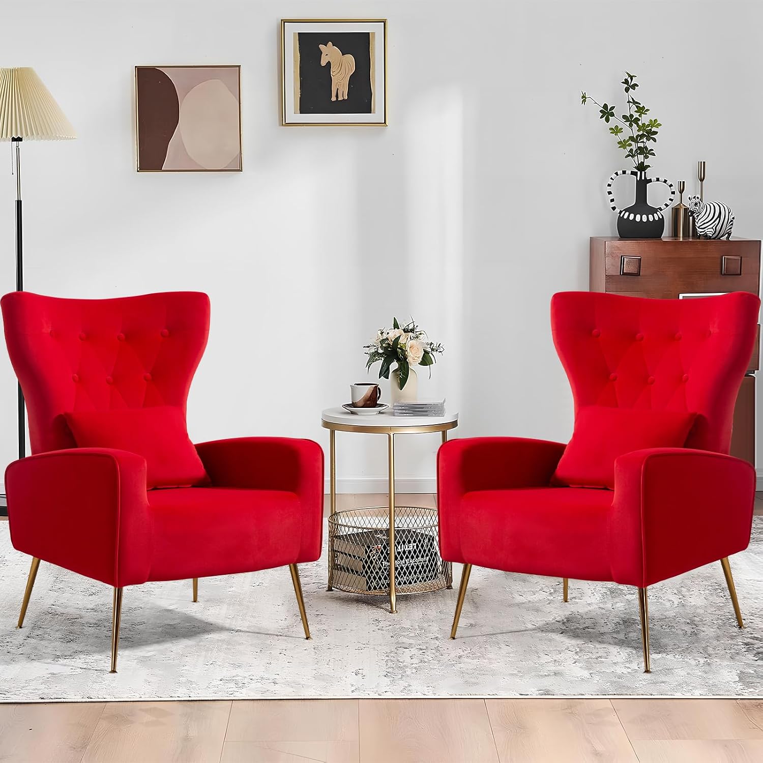 ZJhome Button-Tufted Velvet Accent Chairs, WingBack Living Room Chair Armchair with Lumbar Pillow, Bedroom Chairs Arm Chair with Golden Legs, Red