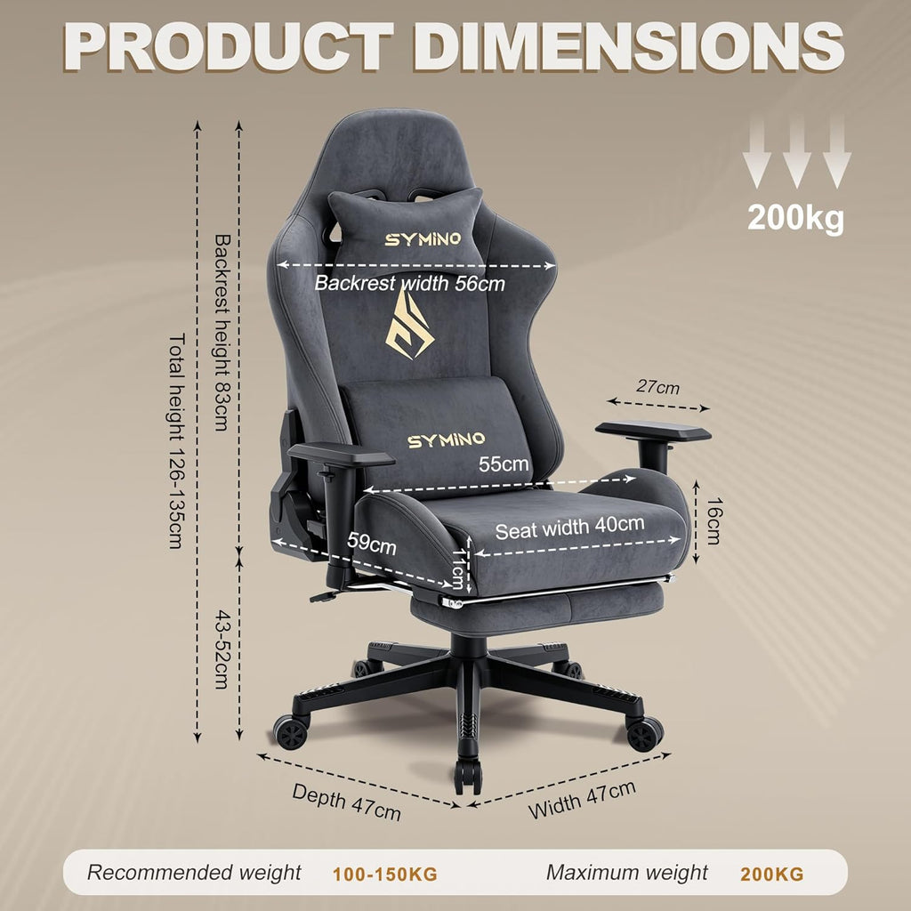Symino Gaming Chair, Ergonomic Office Chair with 2D Armrests, 150° Recline, Breathable Faux Suede Fabric, Adjustable Headrest, Computer Desk Chair for Home Office, with Footrest, Grey