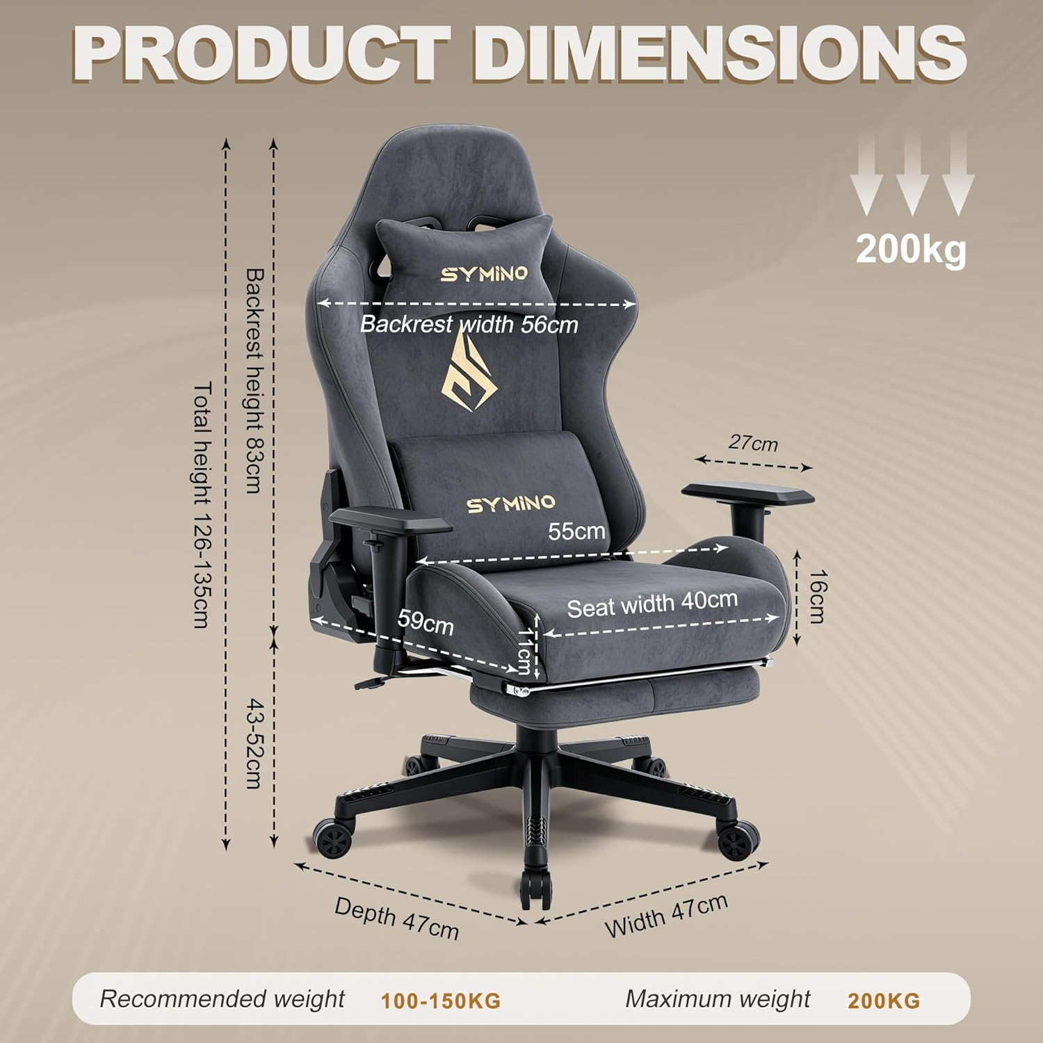 Symino Gaming Chair, Ergonomic Office Chair with 2D Armrests, 150° Recline, Breathable Faux Suede Fabric, Adjustable Headrest, Computer Desk Chair for Home Office, with Footrest, Grey