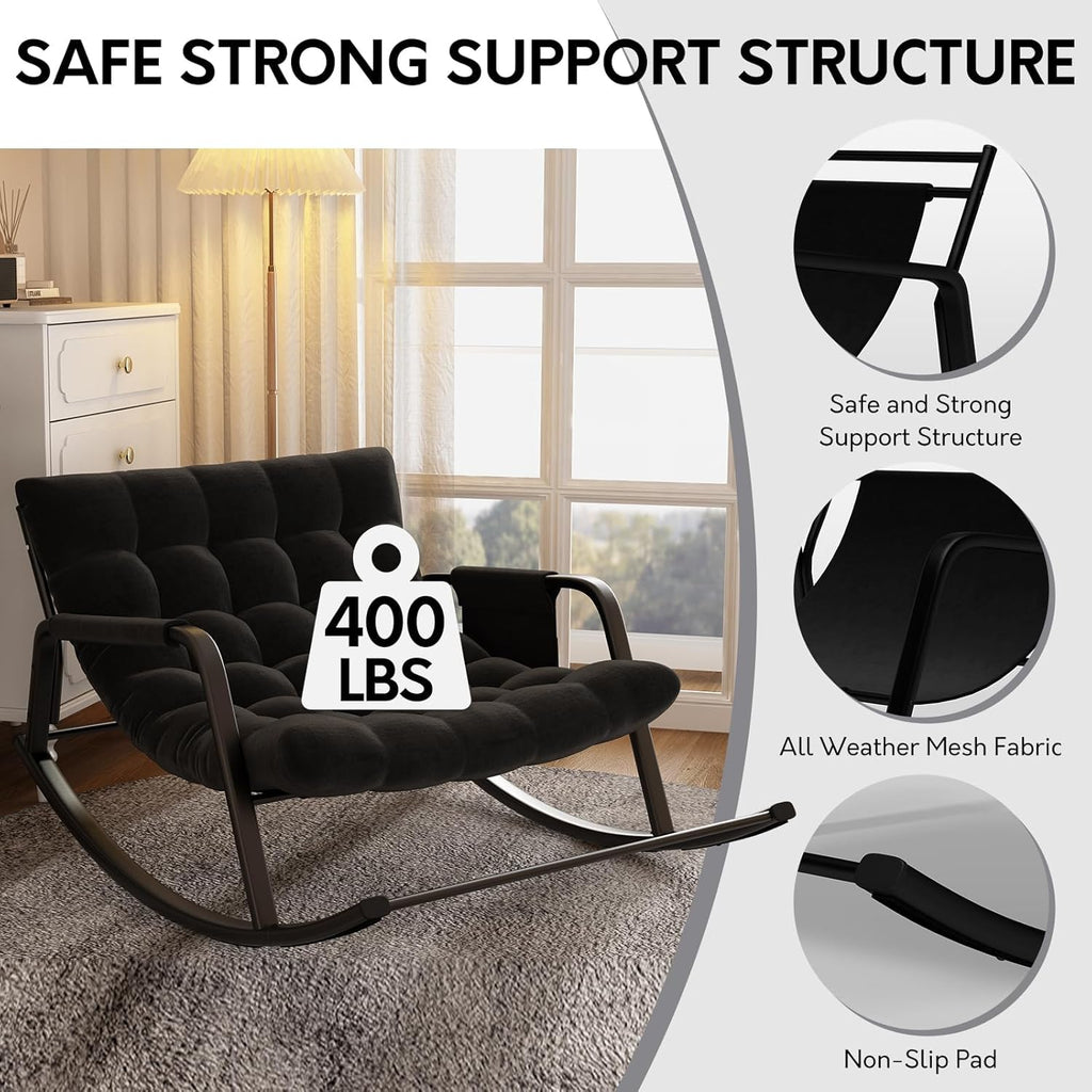lavimiya Double Papasan Rocking Chair with Cushion, Patio Loveseat Rocker | Black, Thick tufted padding, 400 lbs capacity, side storage pocket, ideal for living room, porch, and garden