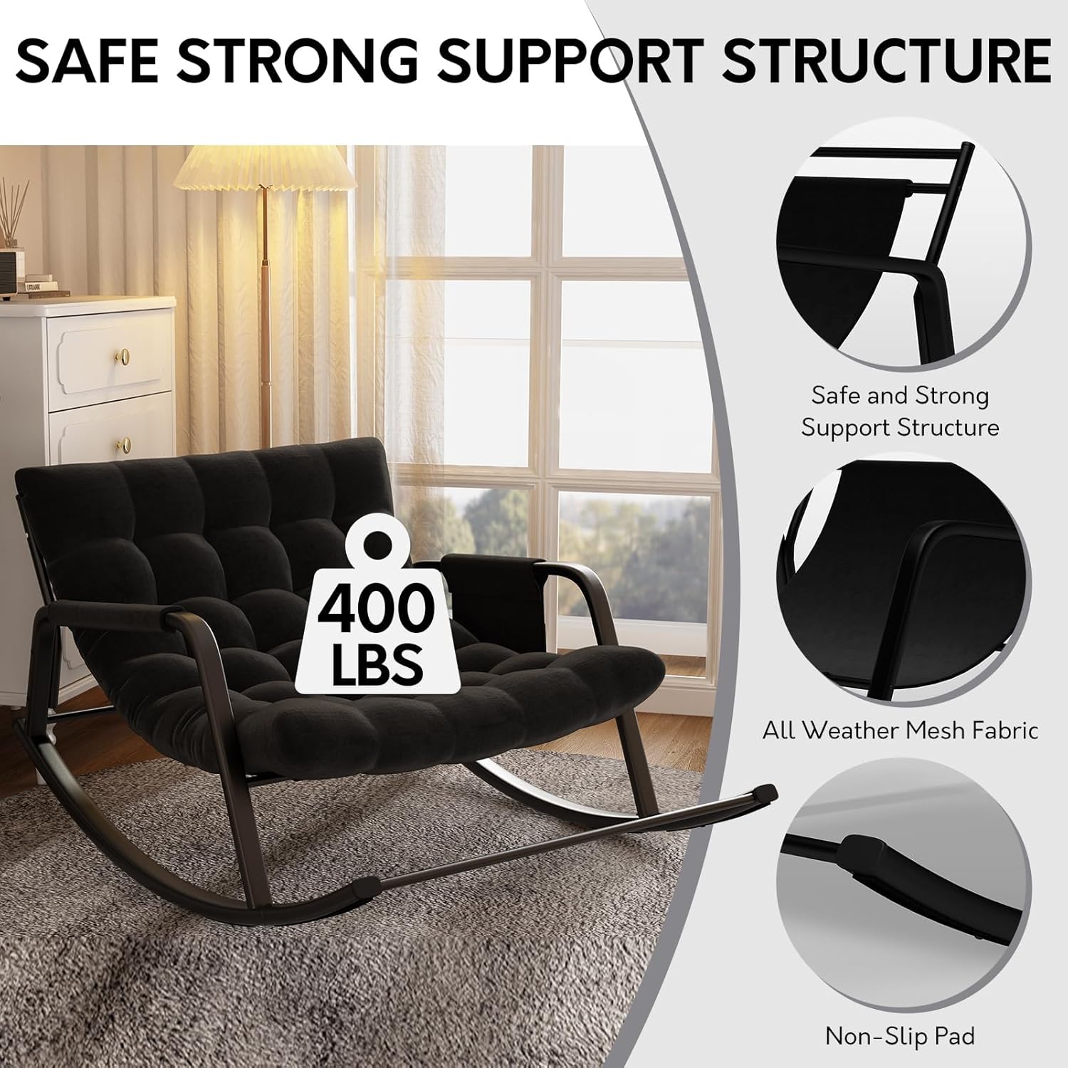 lavimiya Double Papasan Rocking Chair with Cushion, Patio Loveseat Rocker | Black, Thick tufted padding, 400 lbs capacity, side storage pocket, ideal for living room, porch, and garden