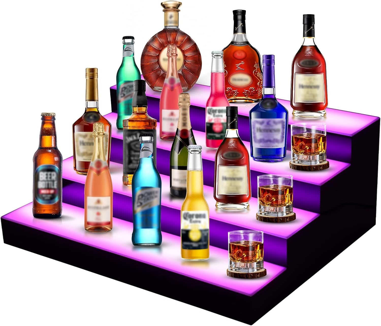 FAHKNS LED Lighted Liquor Bottle Display, 4 Tiers 16 Inch LED Liquor Shelves with RF Remote, Liquor Bottle Accessories Shelf for Home Bar, 16 Static Colors 4 Dynamic Mode