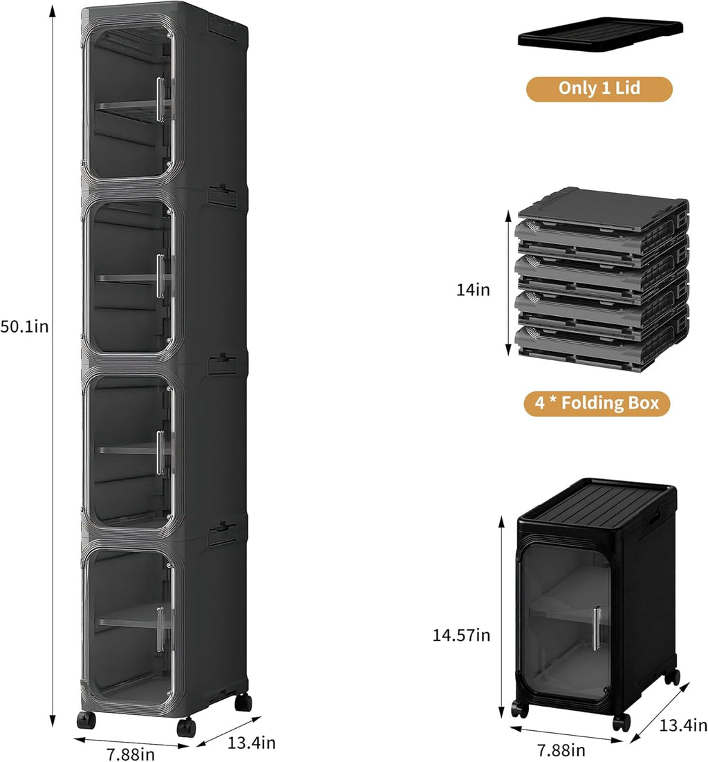 4-Tier Tall Narrow Slim Bathroom Storage Cabinet, Black | Tool Free Assembly, Adjustable shelves, Fits for Narrow Spaces, Lockable Wheels, Magnetic Clear Door