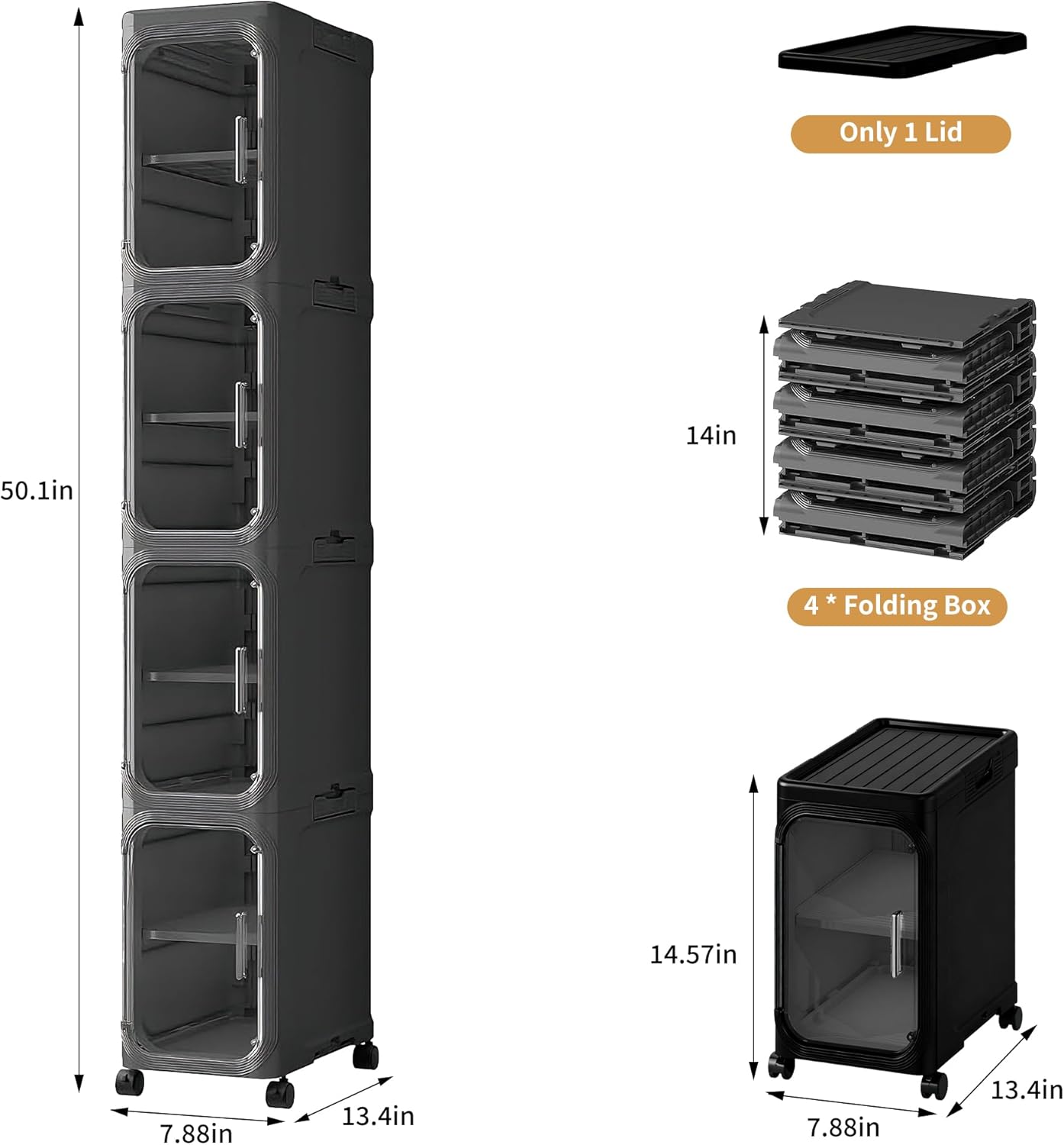 4-Tier Tall Narrow Slim Bathroom Storage Cabinet, Black | Tool Free Assembly, Adjustable shelves, Fits for Narrow Spaces, Lockable Wheels, Magnetic Clear Door