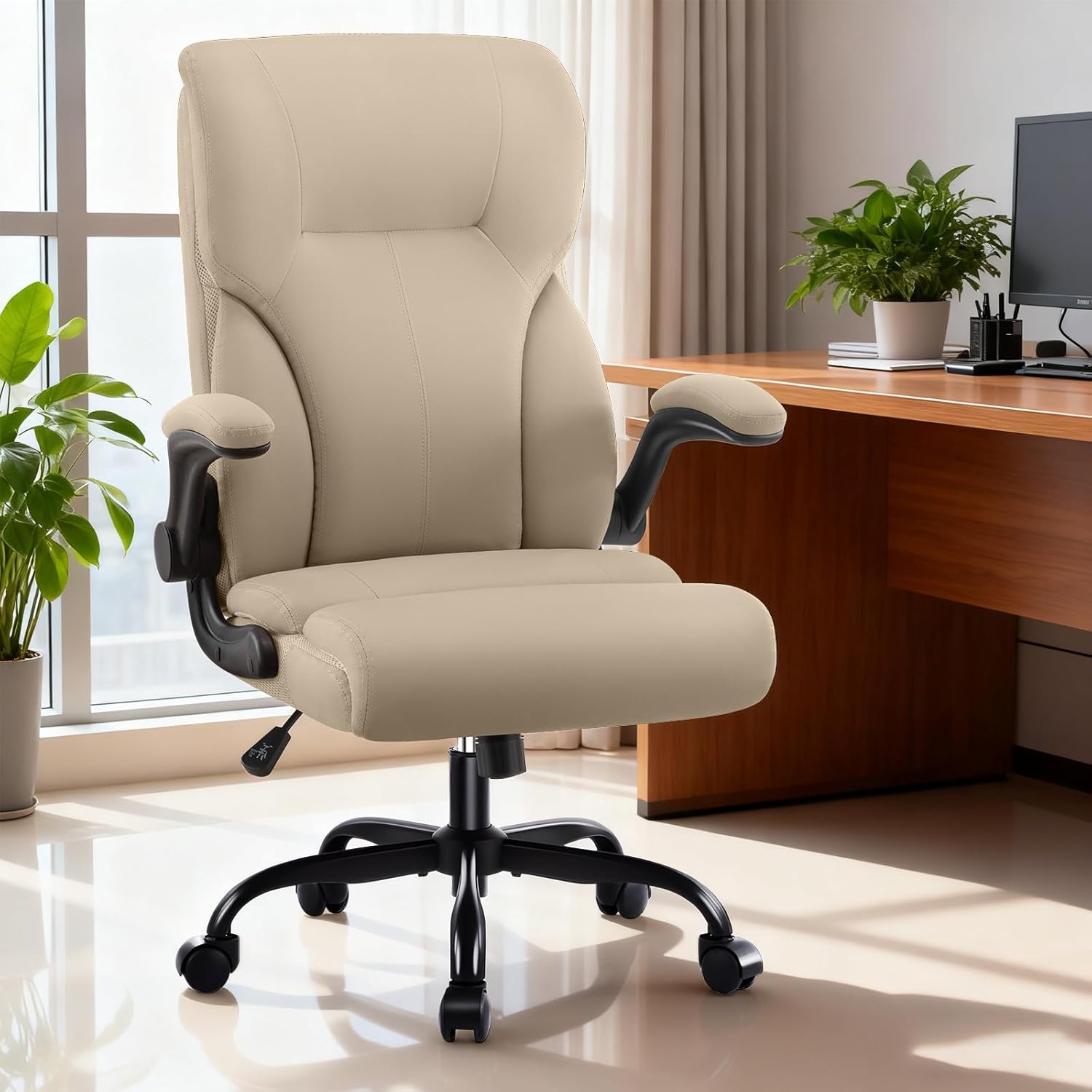 Executive Office Chair,High Back Ergonomic Comfy Desk Chair with Padded Flip-up Armrests and Wheels,PU Leather Heavy Duty Computer Swivel Rolling Task Chair for Home Office,Adults,Khaki