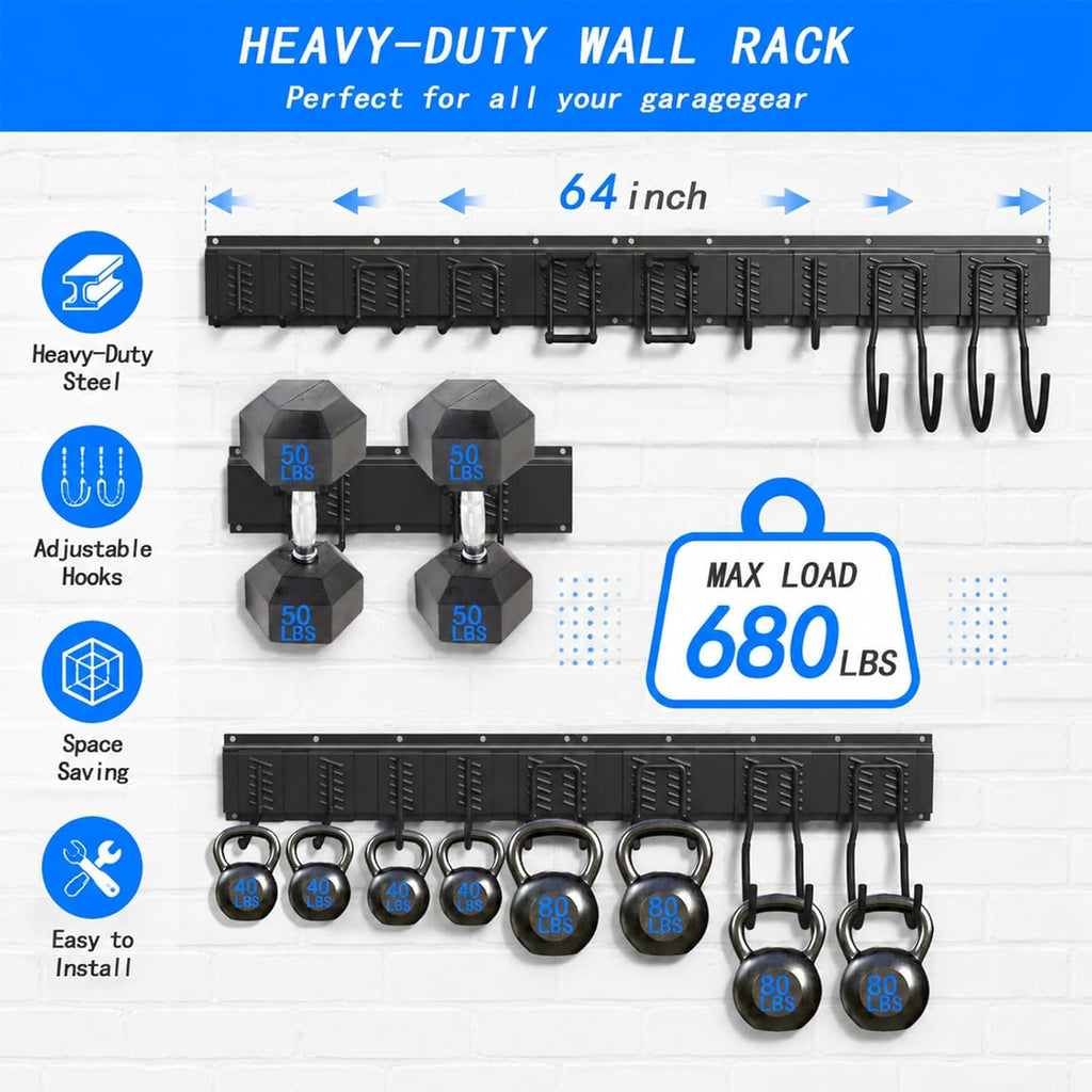 CBWLWJ 64 Inch Garage Tool Organizer Wall Mount, Heavy Duty Steel Storage Rack with 10 Adjustable Hooks, 680 lbs Capacity for Garage, Shed, Basement, Workshop,（Black）