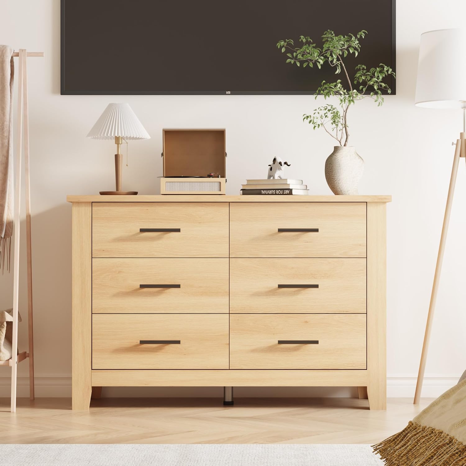 GarveeHome 6 Drawer Dresser for Bedroom, 47 Inch Wide Wood Chest of Drawers, Large Storage Organizer with Deep Drawers & Stable Legs, Modern Farmhouse Dresser for Living Room, Entryway, Natural