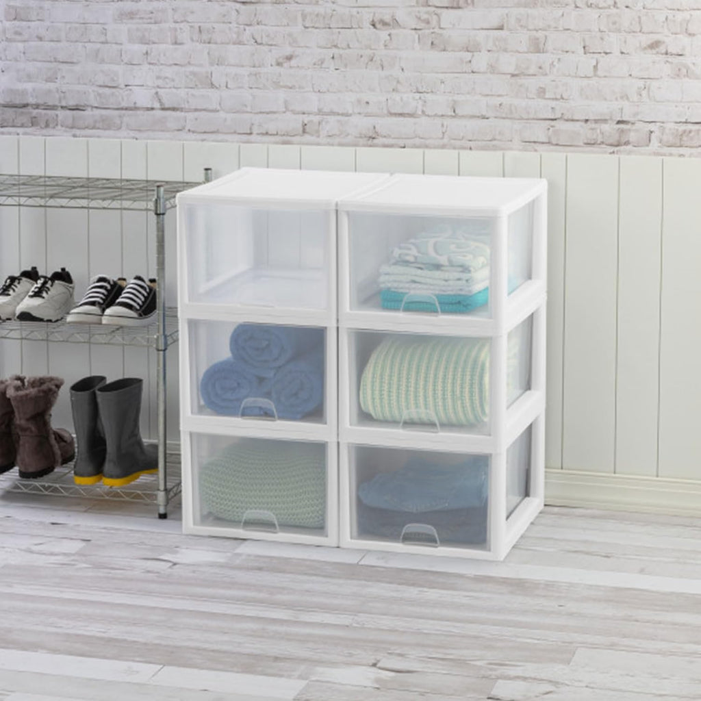 Sterilite 4-Pack Stacking Drawer, Clear Storage Organizer Containers, 27 Quart, White Frame - Stackable and Modular Plastic Drawers for Shoes, Clothes, Accessories, Supplies, Bedding, and Linens