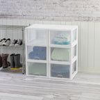 Sterilite 4-Pack Stacking Drawer, Clear Storage Organizer Containers, 27 Quart, White Frame - Stackable and Modular Plastic Drawers for Shoes, Clothes, Accessories, Supplies, Bedding, and Linens