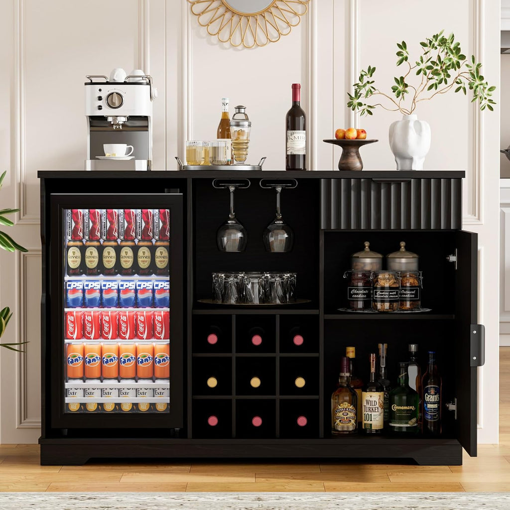 Coffee Bar Cabinet with Fridge (Fridge Included), Fluted Wine Bar Cabinet with Wine Rack and Glass Holder, Buffet Sideboard Table Liquor Cabinet with Drawer & Storage, Home Bar, Black