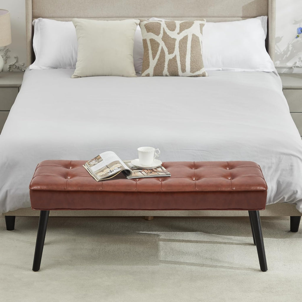 LOULENS Entryway Bench, Modern PU Leather Upholstered Bench with Buttons Tufted for End of Bed, Bedroom, Living Room, Foyer, Hallway, Brown