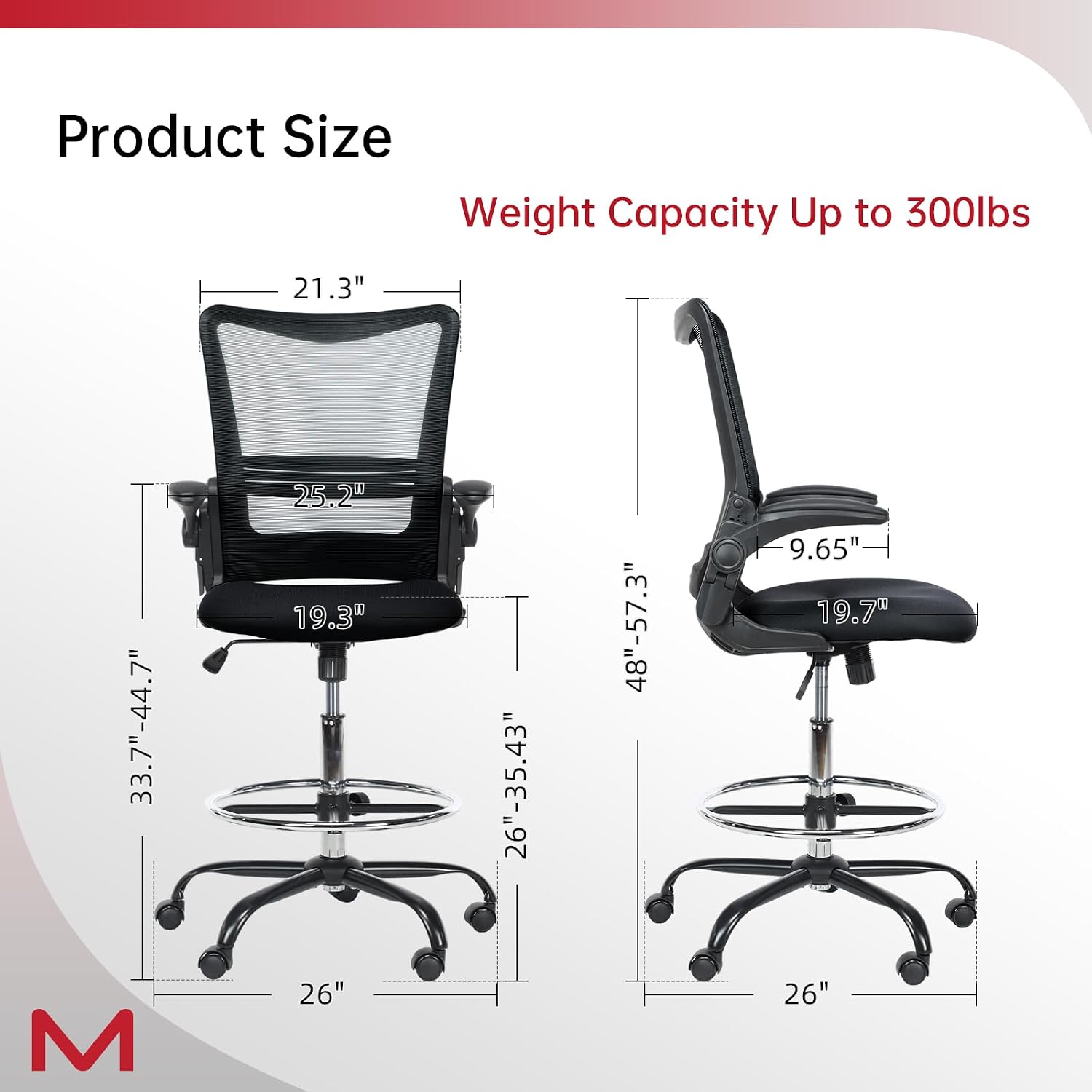 Drafting Chair,Tall Office Chair for Standing Desk,Office Drafting Chair with Footrest Ring,High Office Chair with Tilt Back,Extra Tall Office Chairs with Flip Up Armrest