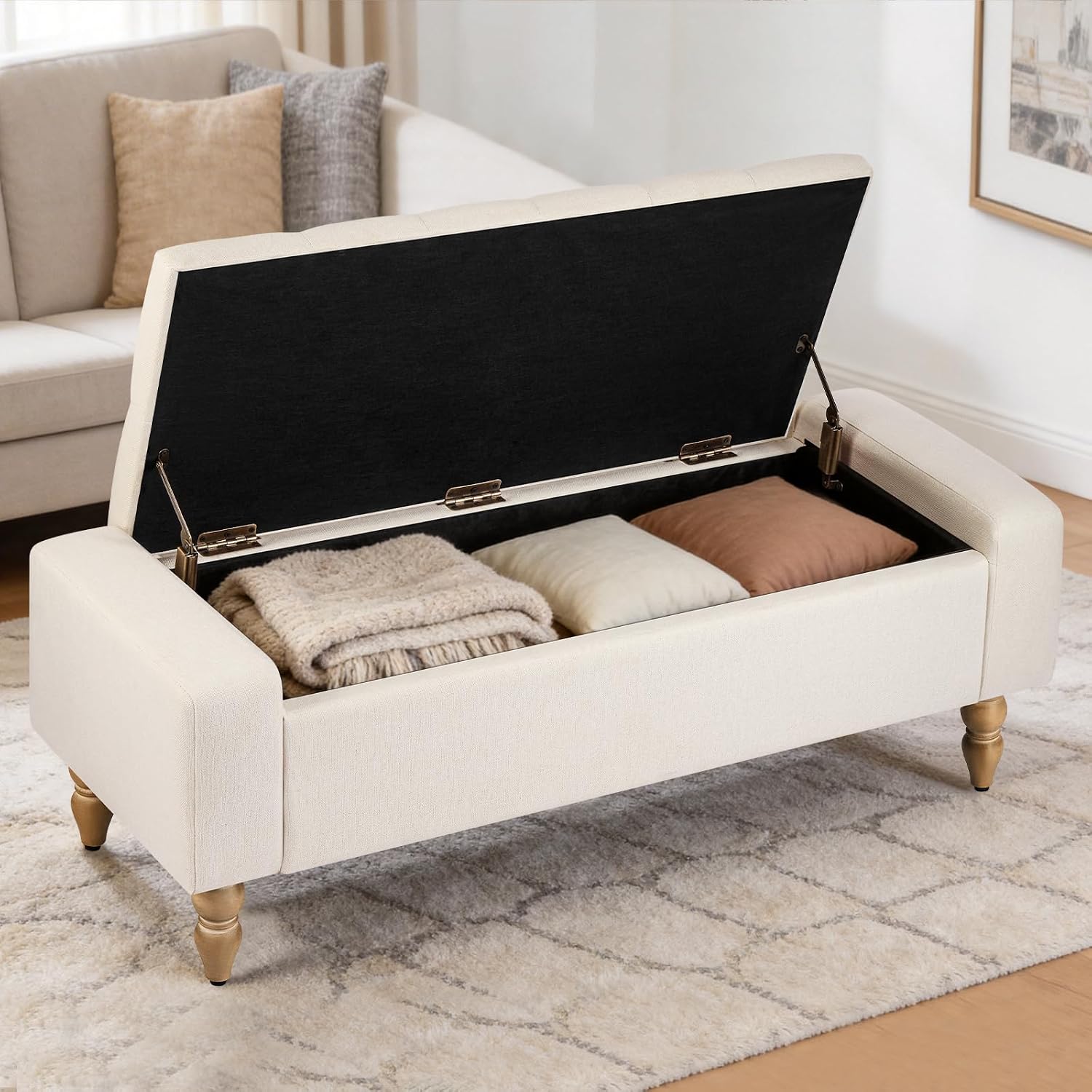 47 Inch Large Storage Ottoman Bench, Upholstered End of Bed Bench with Removable Lid, Diamond Tufted Seat, Wood Legs, Hidden Storage Organizer for Bedroom, Living Room, Entryway,Light Beige