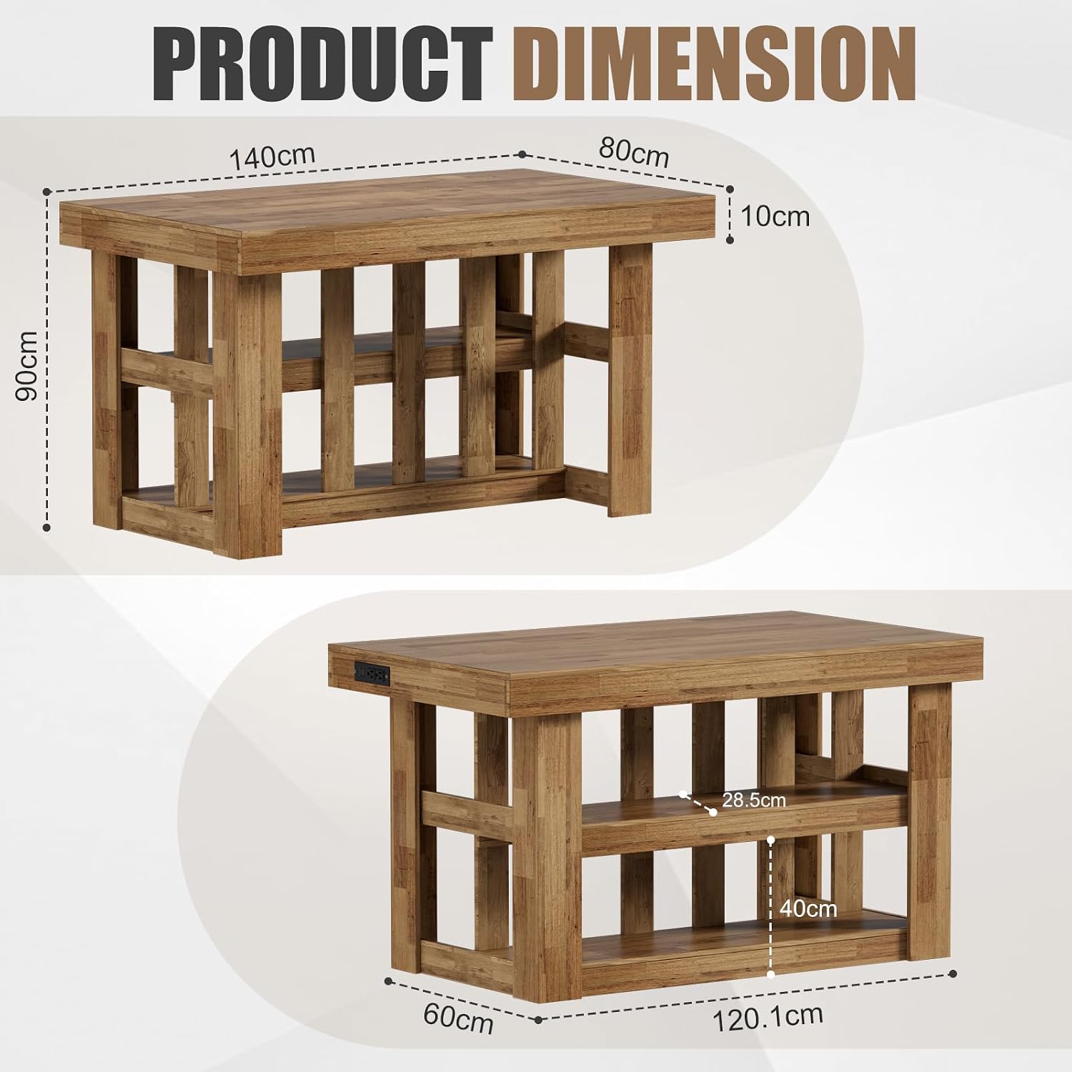 PAKASEPT 55" Kitchen Island with Storage, 3-Tier Farmhouse Wood Island Table with Power Outlets,Shelves for Kitchen, Dining Table for 4,Dining Room,Living Room,Home Bar,Brown