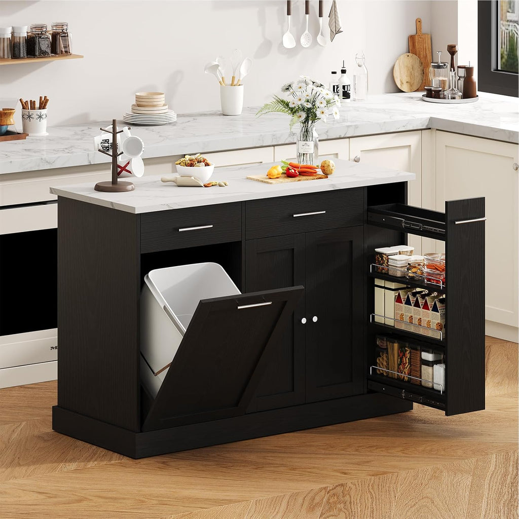 4 EVER WINNER Kitchen Island with Storage, Kitchen Island Cart on Wheels with Trash Can Cabinet, Spice Rack & Towel Rack, Kitchen Island Table with Faux Marble Countertop, Black