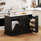 4 EVER WINNER Kitchen Island with Storage, Kitchen Island Cart on Wheels with Trash Can Cabinet, Spice Rack & Towel Rack, Kitchen Island Table with Faux Marble Countertop, Black