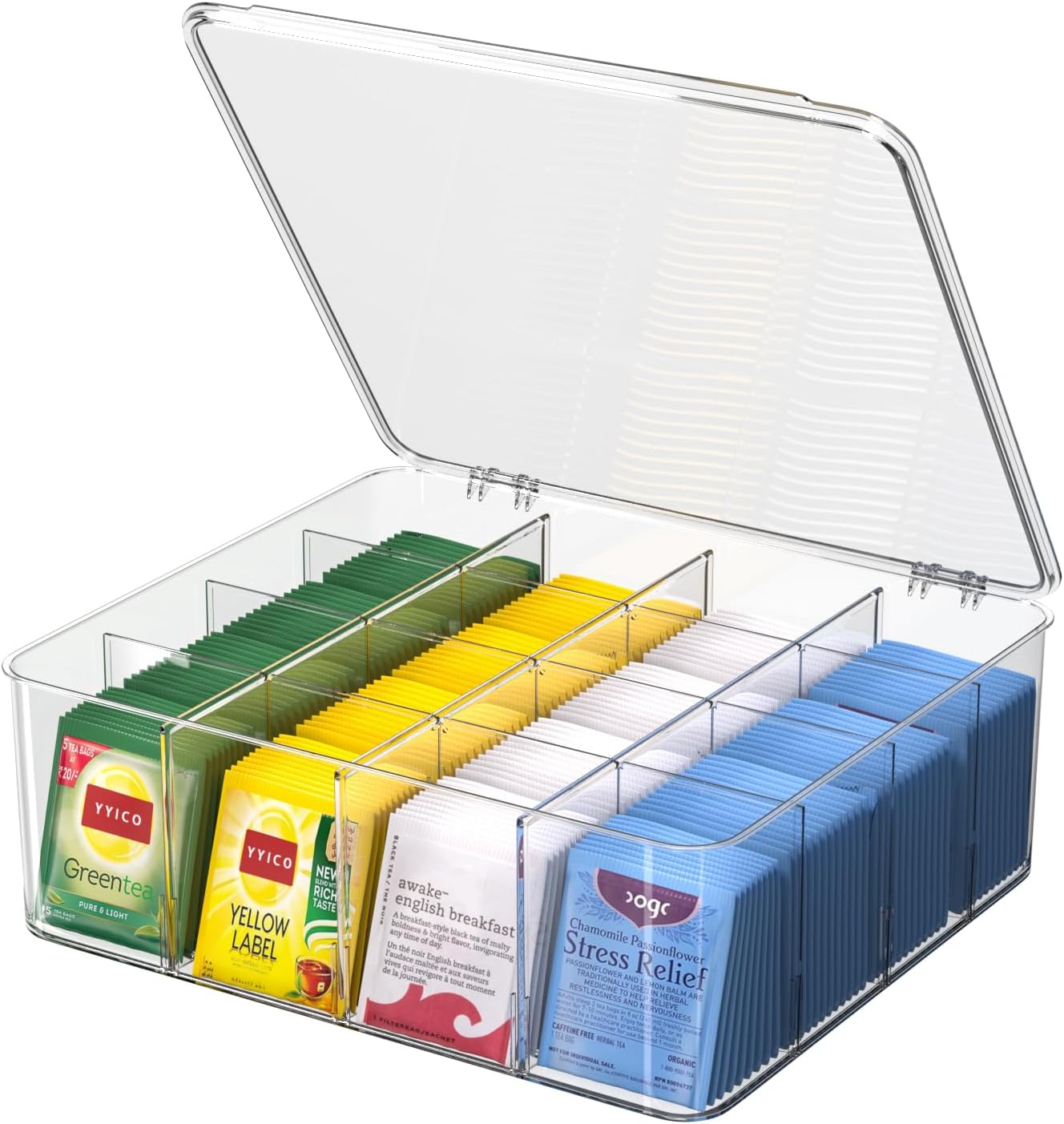 Tea Bags Organizer with Lid: Tea Bag Holder - Clear Stackable Tea Bag Storage Box with Adjustable Compartments for Tea Bags, Coffee Bar, Pantry & Kitchen Counter (Large)