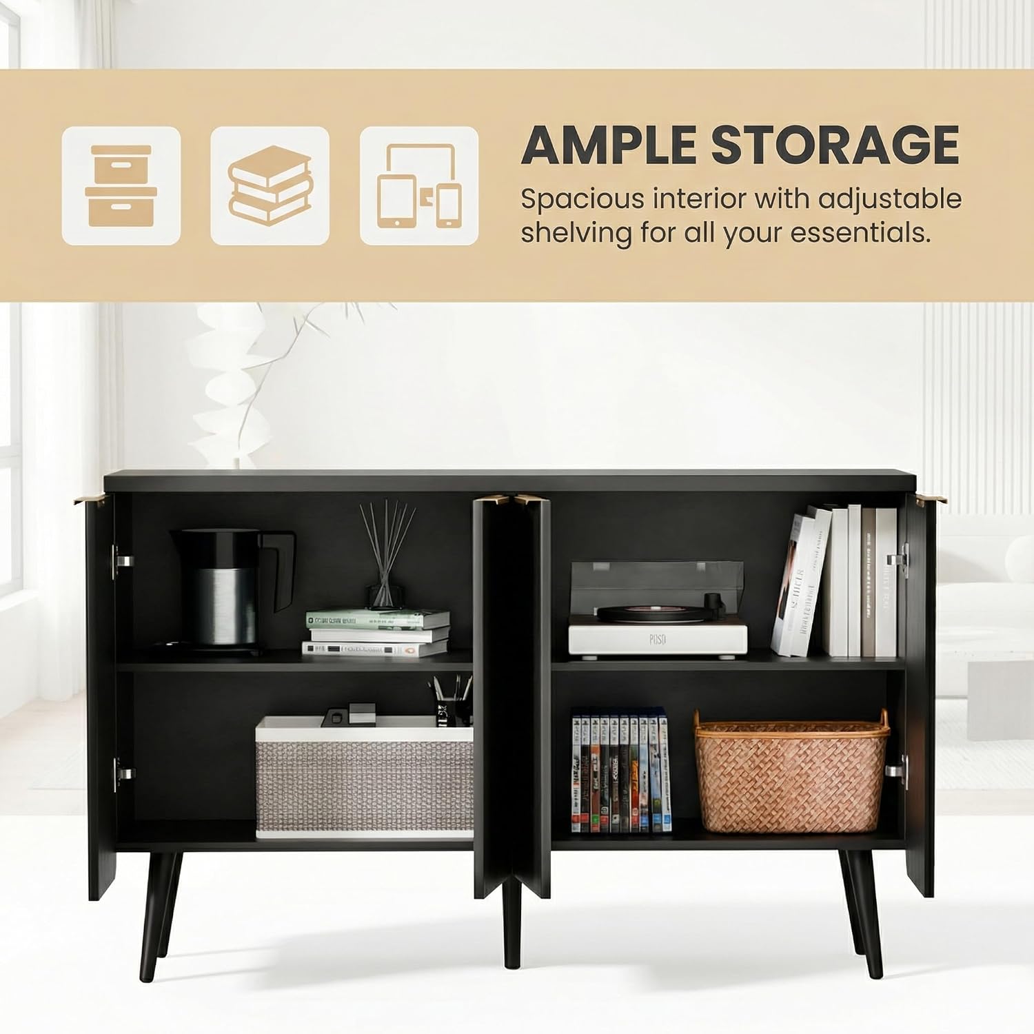 47.2" Versatile Fluted Wooden Storage Sideboard, 4-Door Buffet Cabinet with Adjustable Shelves, Functional Credenza for Living, Dining Room & Entryway Decor, Black