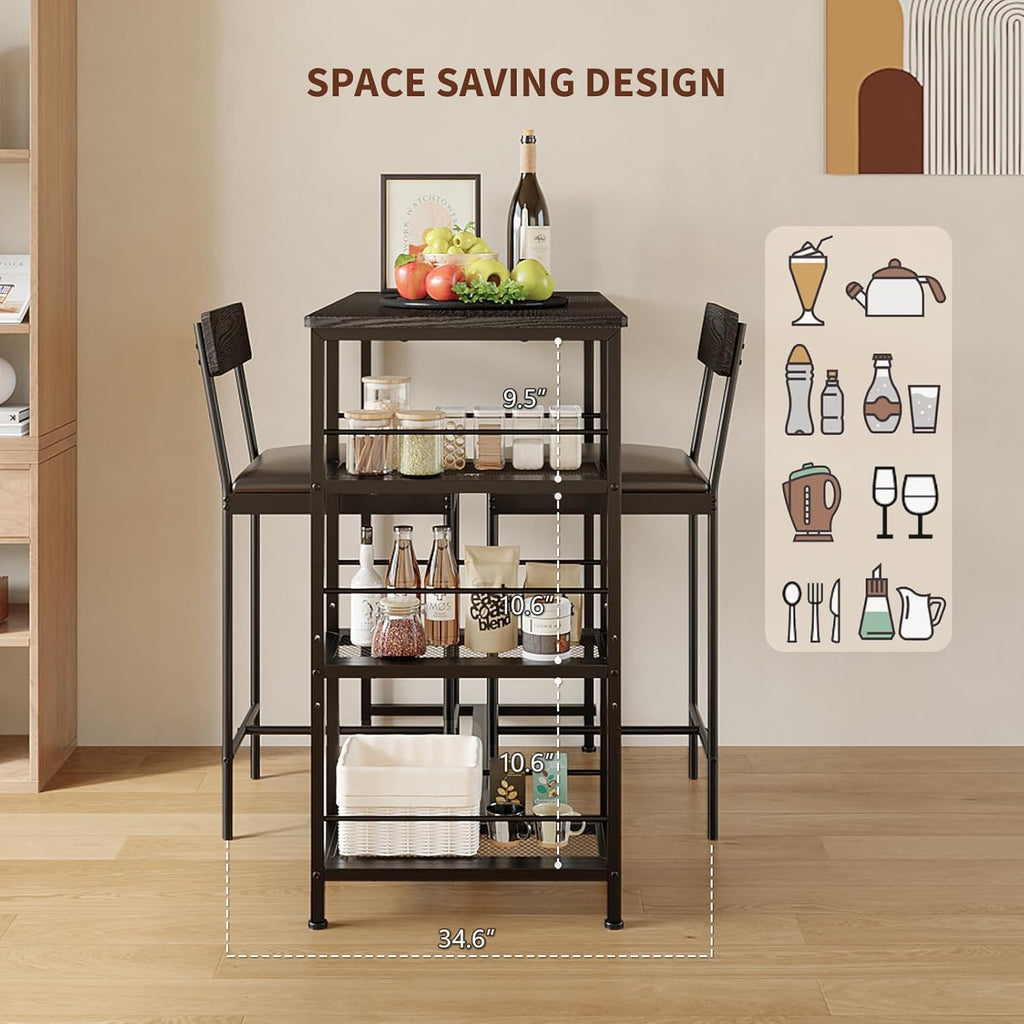 GarveeLife Dining Table Set for 2, Counter Height Bar Table Set with Storage ＆ Stools, High Top Pub Table and Chairs for Kitchen, Dining Room, Sofa Side, Apartment, Breakfast Nook