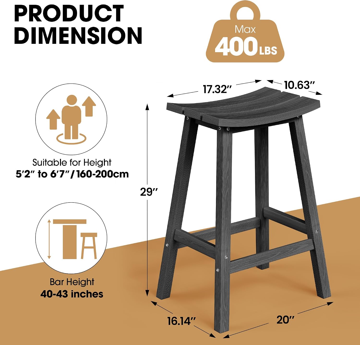 Ciokea 2 Set 29" Outdoor Bar Stools Heavy Duty HDPE Outdoor Stools Weatherproof Waterproof Patio Seats Modern Bar Height Tall BarStools for Bar Deck Balcony Kitchen Yard, Black