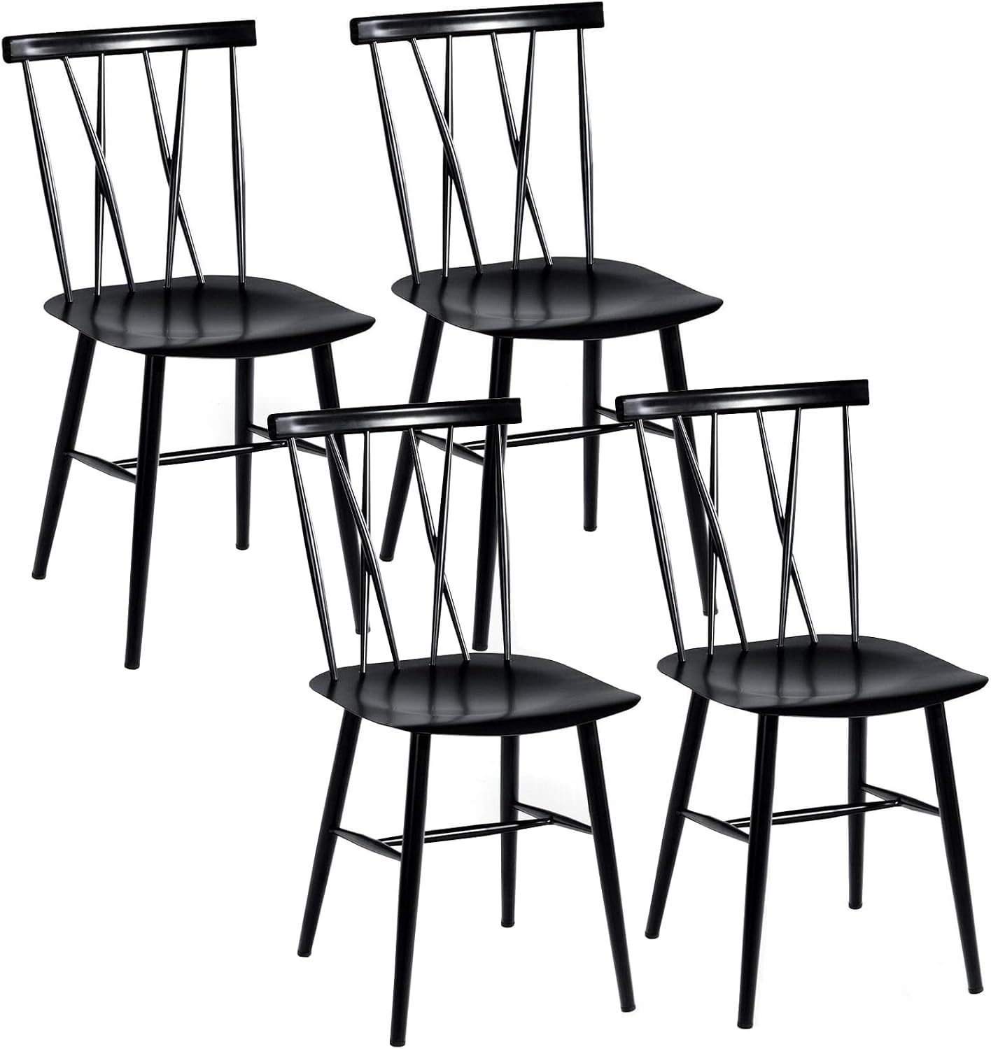 COSTWAY Dining Chair Set of 4, Farmhouse Windsor Chairs Dining Room Chairs with Spindle Back and Sturdy Metal Construction, Kitchen Side Chair for Living Room Restaurant, Black (Height 17'')