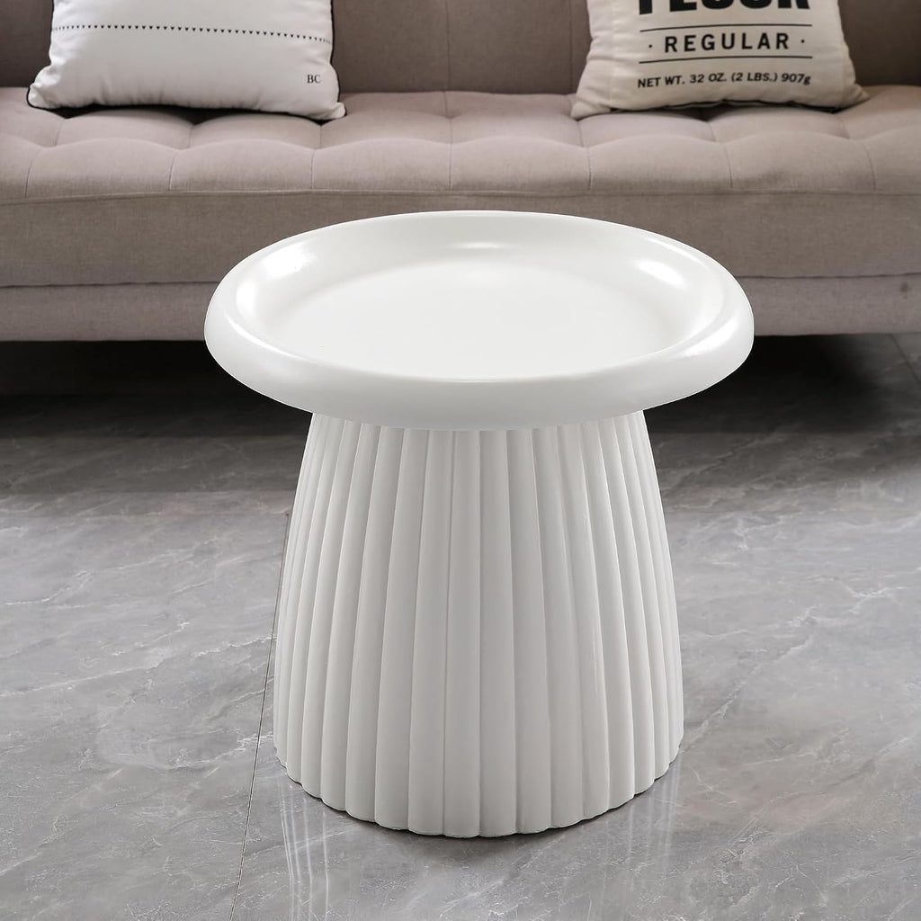 Henf 19.69" Round End Table for Indoor Outdoor, Fluted Pedestal Base, Magnesium Oxide, Waterproof, Unique Design MGO Accent Side Table Night Stand Bedside Table for Living Room Bedroom, White